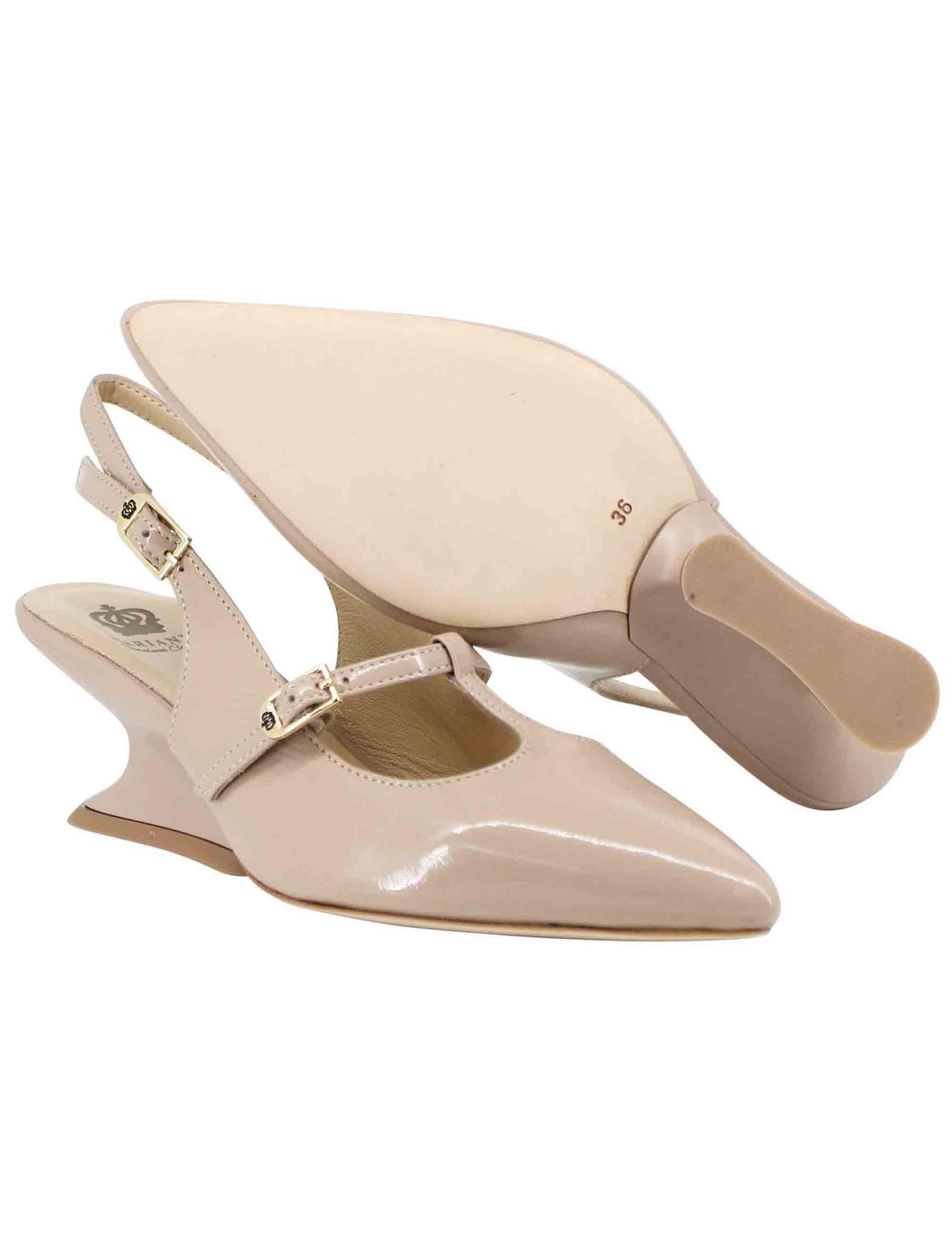 Decollete slingback donna in vernice taupe con tacco zeppa CH1720/Z 023 L'Arianna 