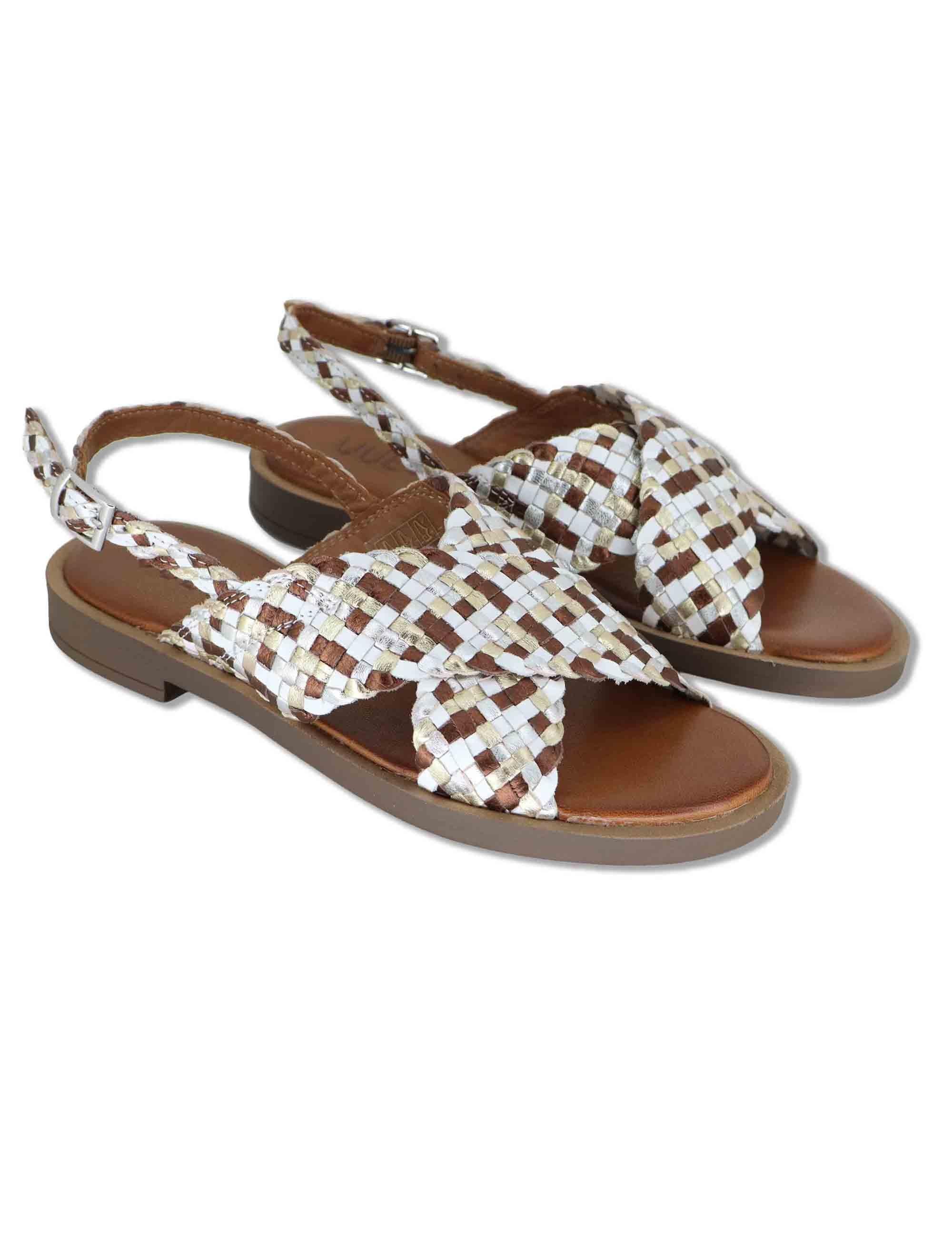Sandali donna slingback flat in pelle intrecciata bianca e laminato a doppia fascia WD425R32 500138 Vueva 