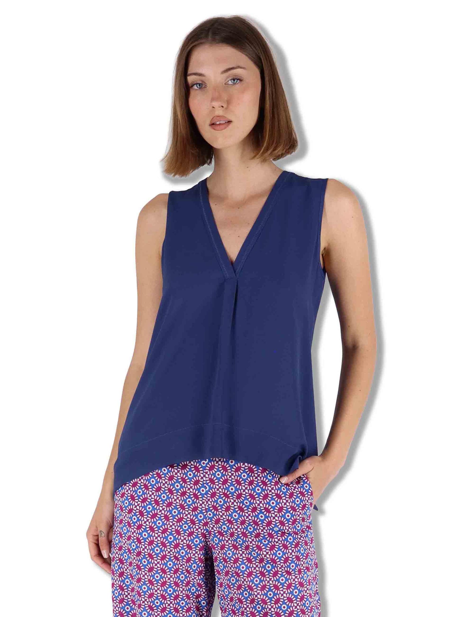 Top donna Fluid Crepe in seta blu senza maniche maniche scollo a V JP554050672 80043 Maliparmi 