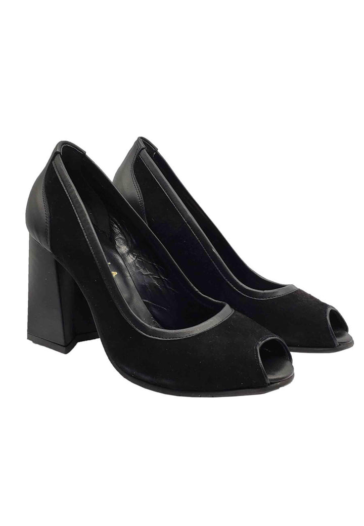 Calzature Donna Décolleté Open Toe In Camoscio e Pelle Nera Tacco Alto F2808 NERO Spatarella 