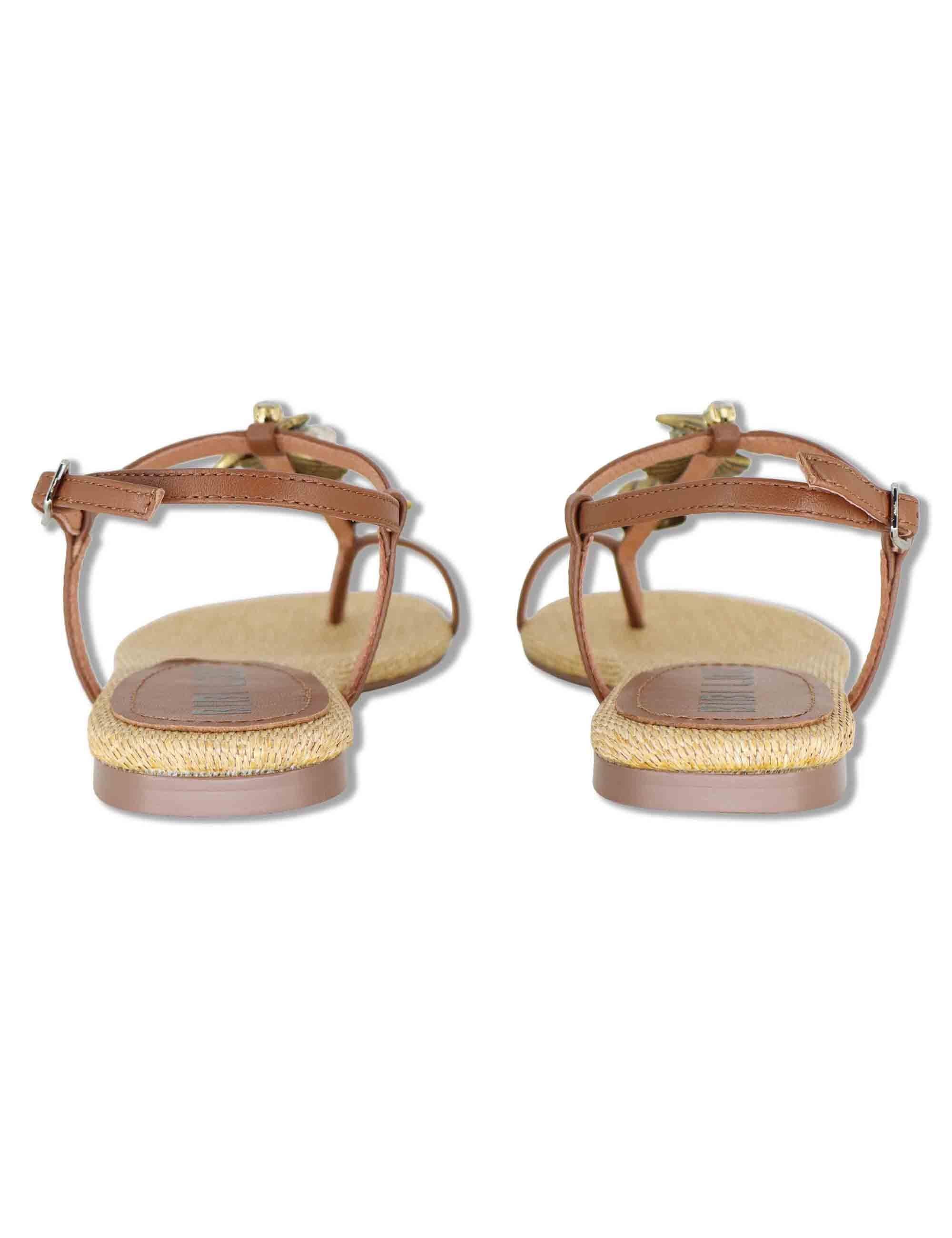 Sandali donna flat in pelle cuoio con accessorio gioiello e sottopiede in rafia 709Z10VK 92-CUERO Bibi Lou 