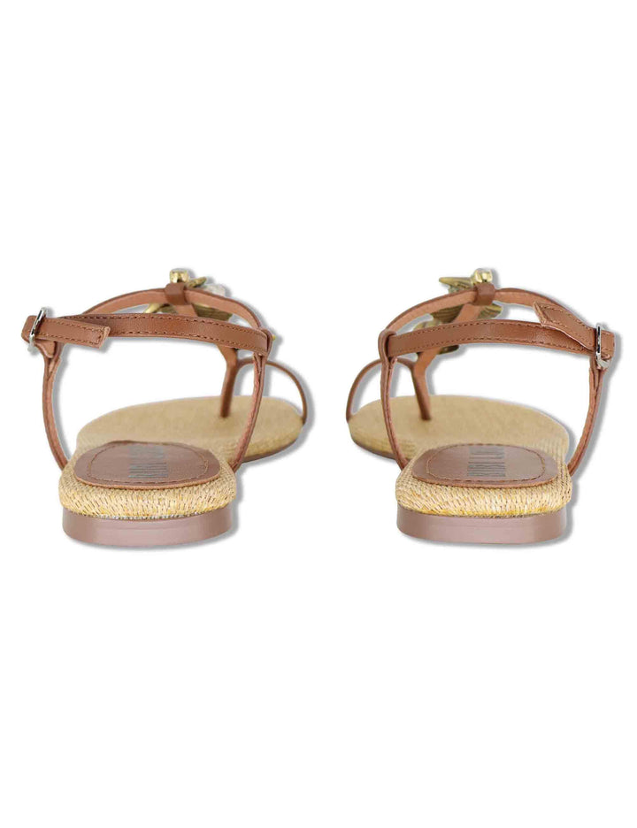 Sandali donna flat in pelle cuoio con accessorio gioiello e sottopiede in rafia 709Z10VK 92-CUERO Bibi Lou 