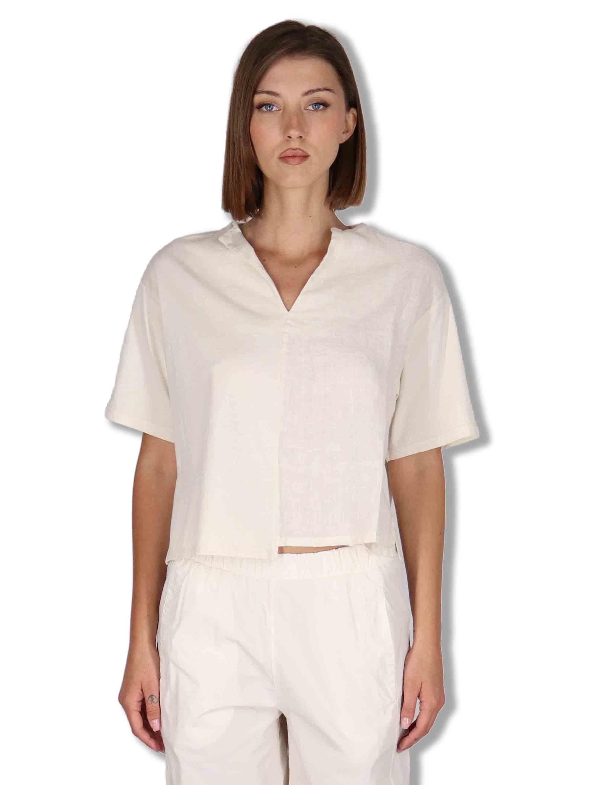 T-Shirt donna in cotone off white con scollo serafino e maniche 3/4 TORENIA JLIN_BUTTER TreBarraBi 