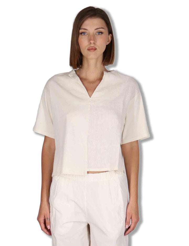 T-Shirt donna in cotone off white con scollo serafino e maniche 3/4 TORENIA JLIN_BUTTER TreBarraBi 