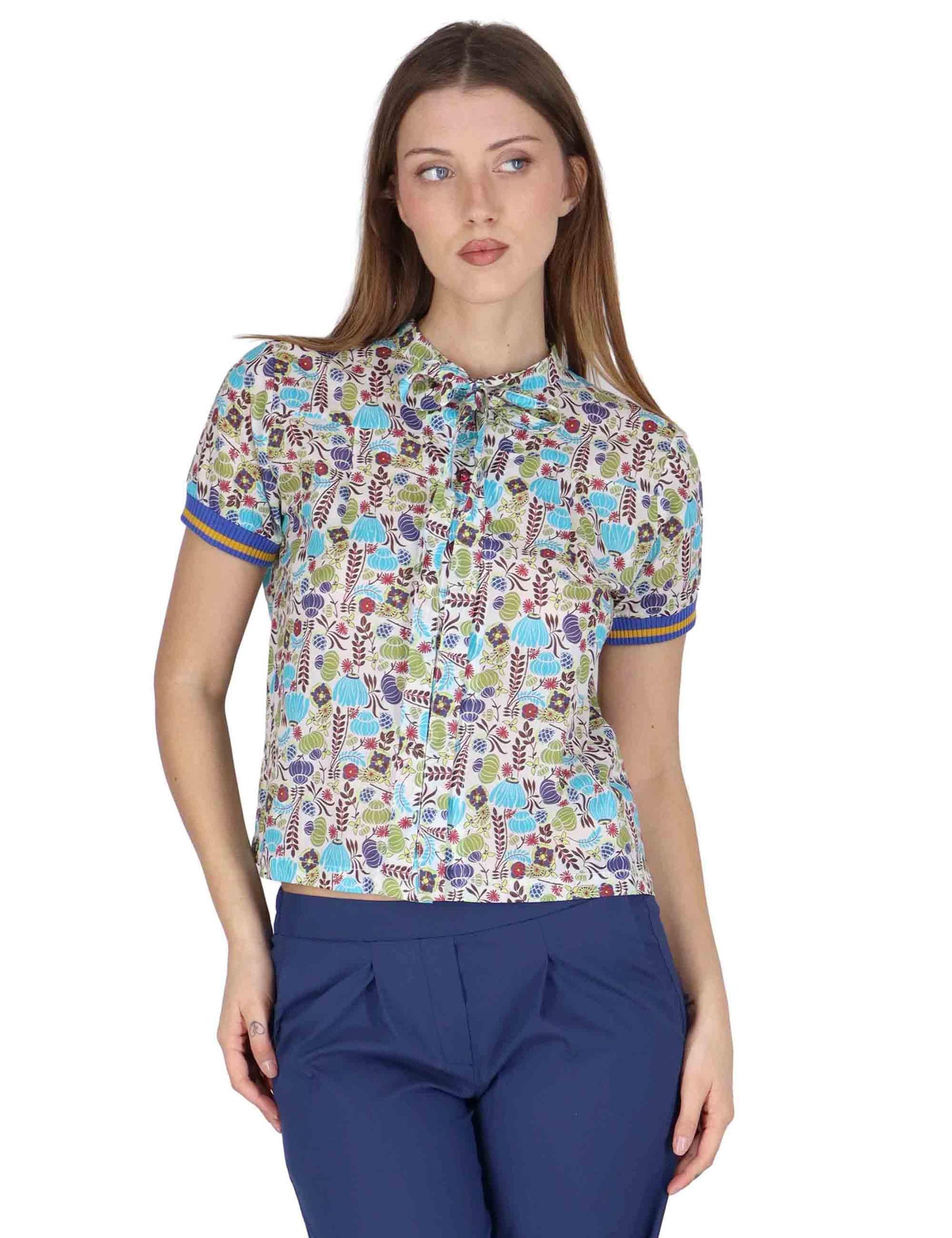 Camicie donna Ribbon Blouse in cotone blu a fantasia mezze maniche JABCM0001-F1395-1229 6005 Justmine 