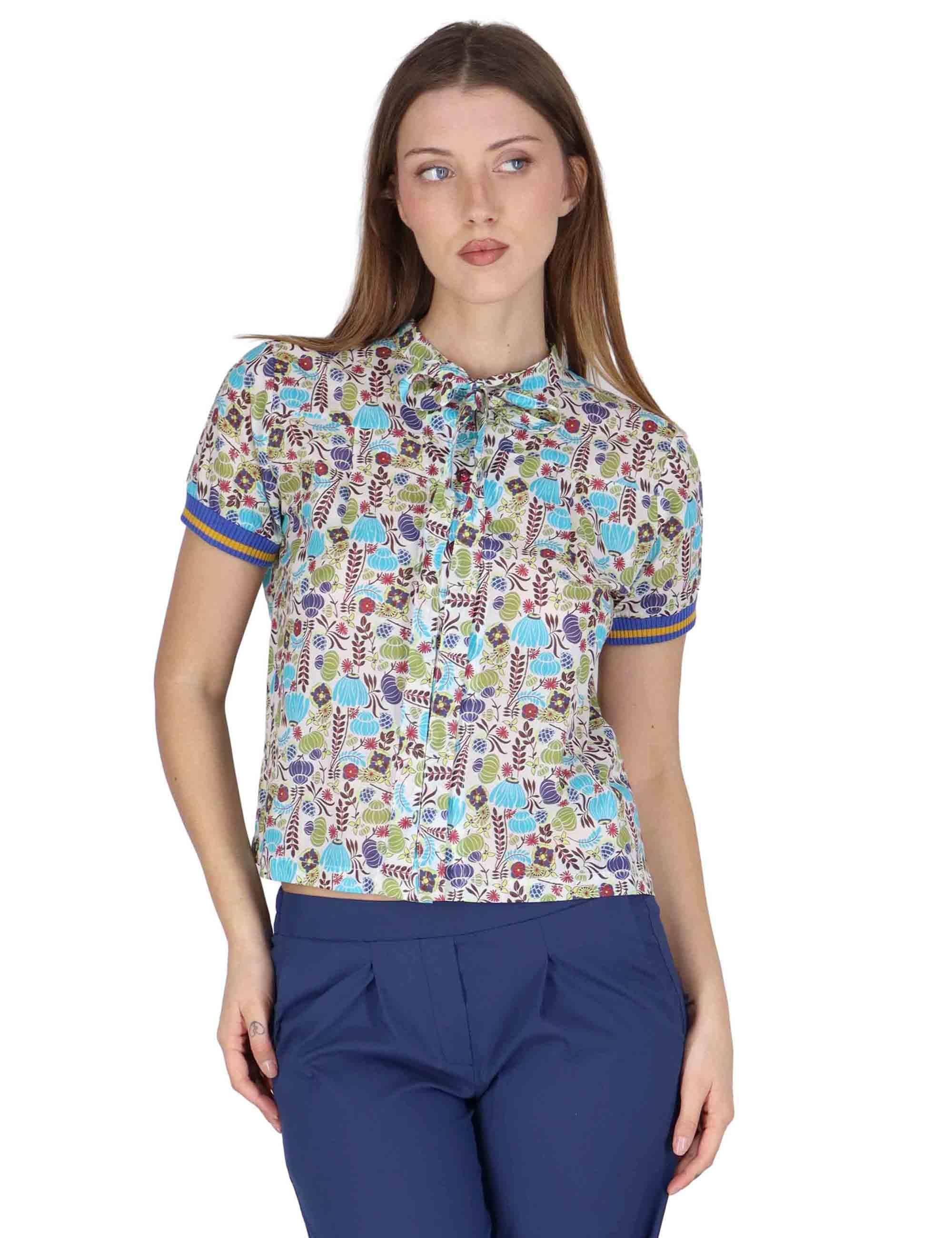 Camicie donna Ribbon Blouse in cotone blu a fantasia mezze maniche JABCM0001-F1395-1229 6005 Justmine 