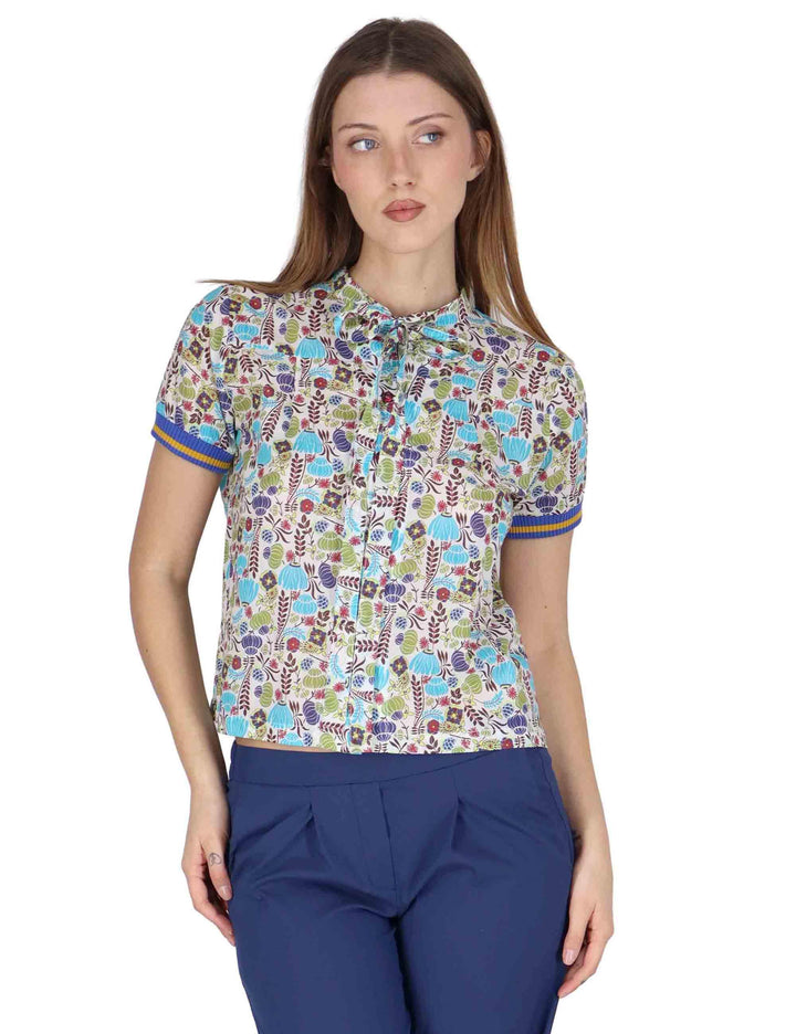 Camicie donna Ribbon Blouse in cotone blu a fantasia mezze maniche JABCM0001-F1395-1229 6005 Justmine 