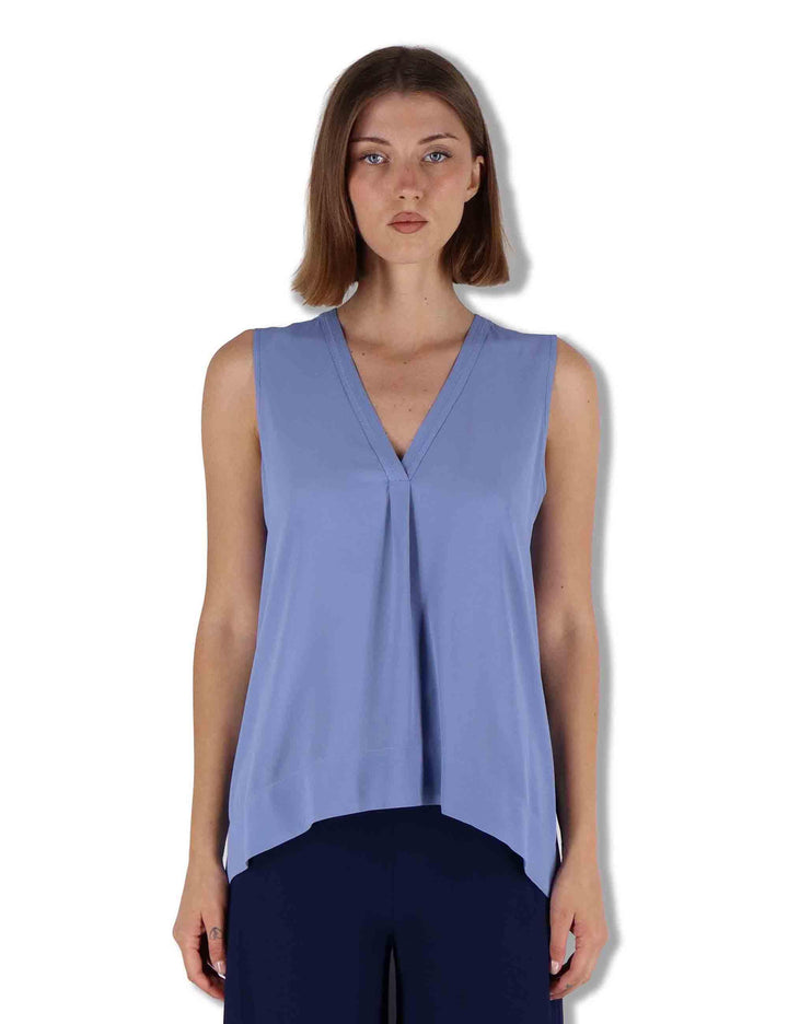 Top donna Fluid Crepe in seta azzurra senza maniche maniche scollo a V JP554050672 81001 Maliparmi 