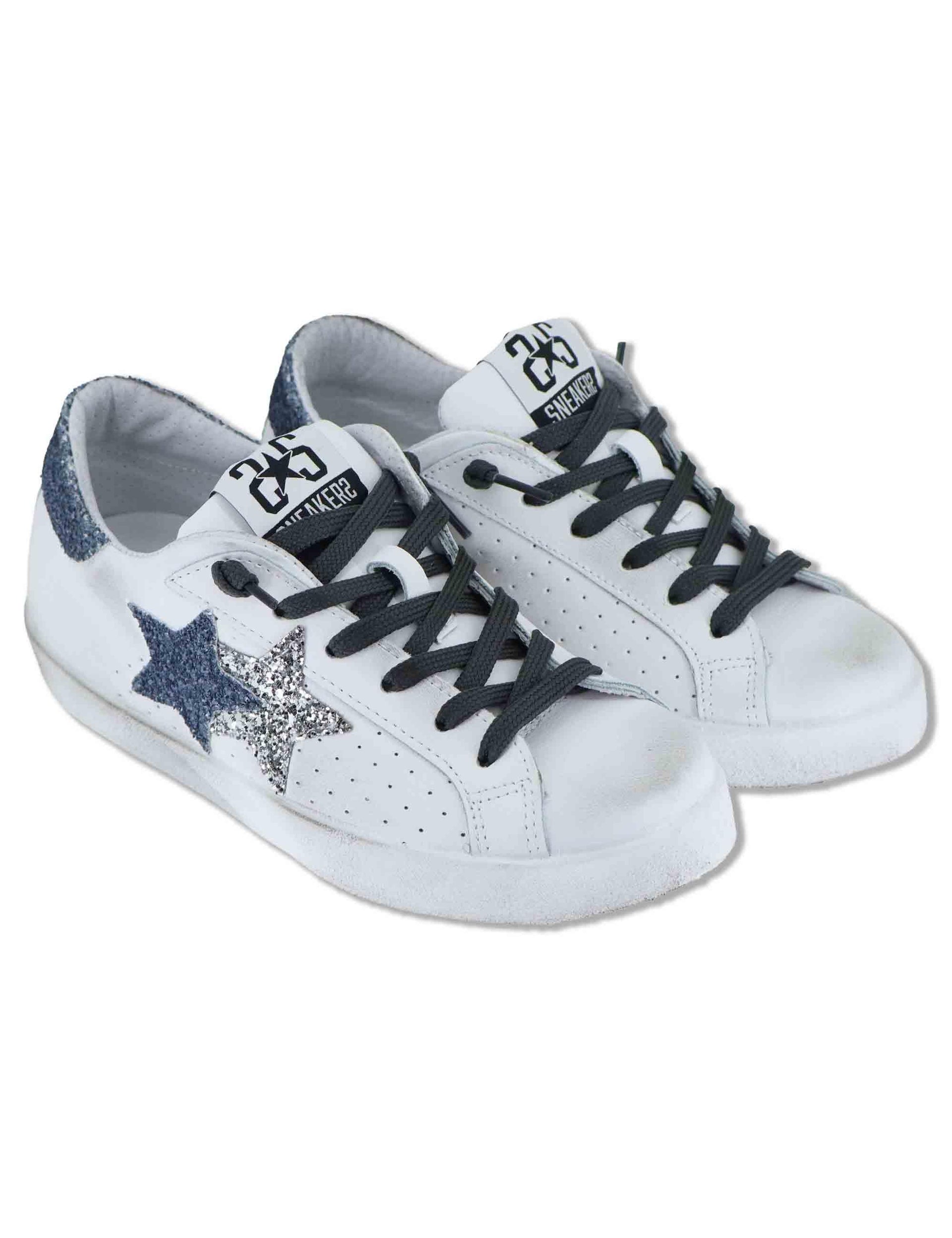 Sneakers donna Prime in pelle bianca e argento con stelle 2SD5108 032 2Star 