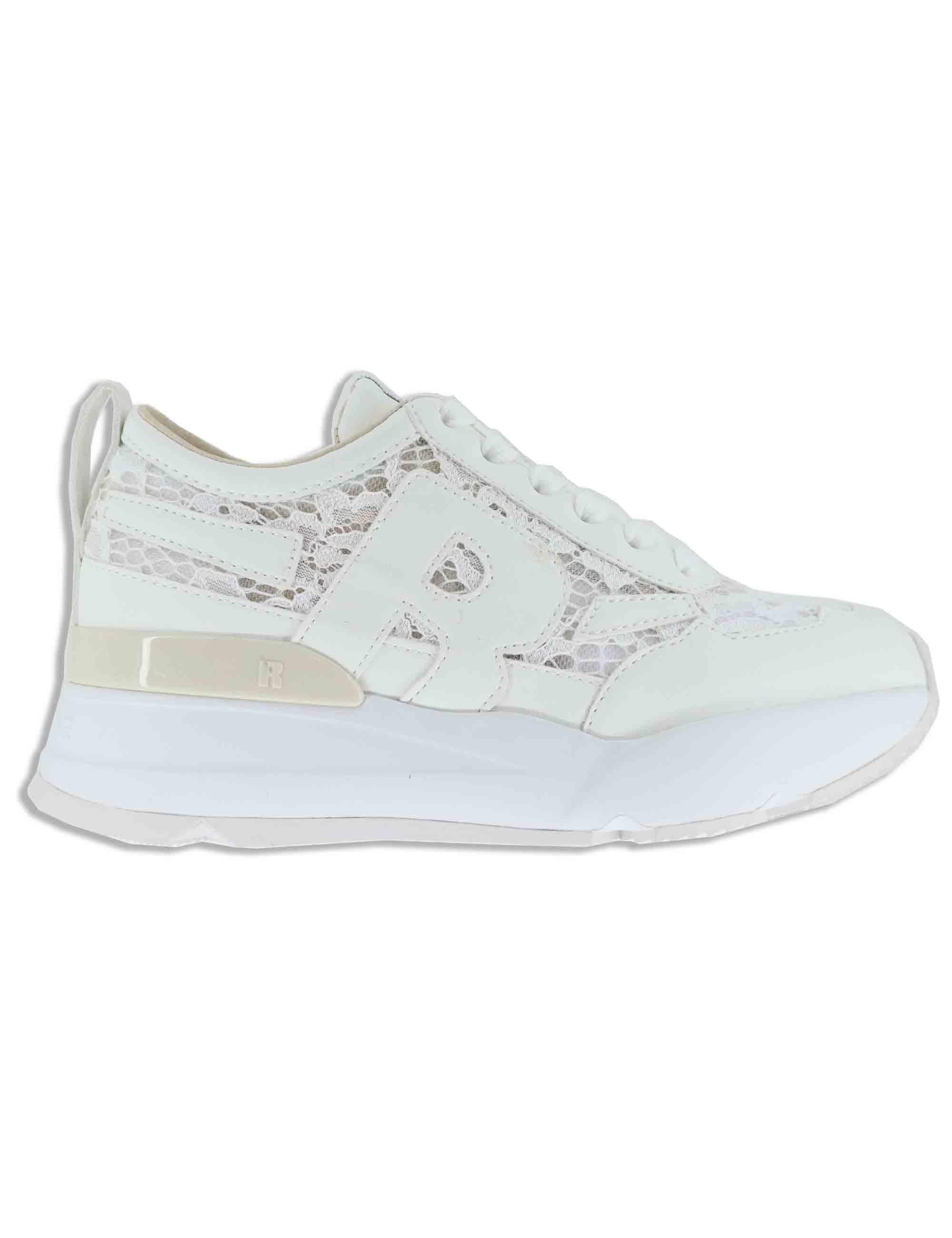 Sneakers donna in pelle e pizzo bianco con zeppa alta in gomma 4009-84585 2 Ruco Line 