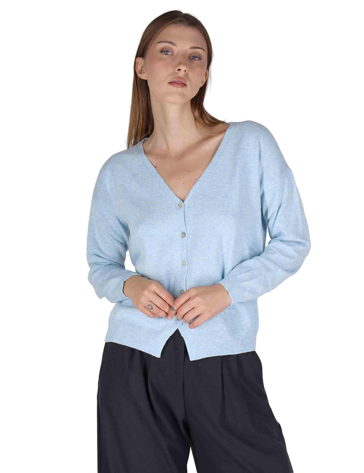 Cardigan donna  in misto cachemire celelste con scollo a V SPZ03628 009 Spatarella 
