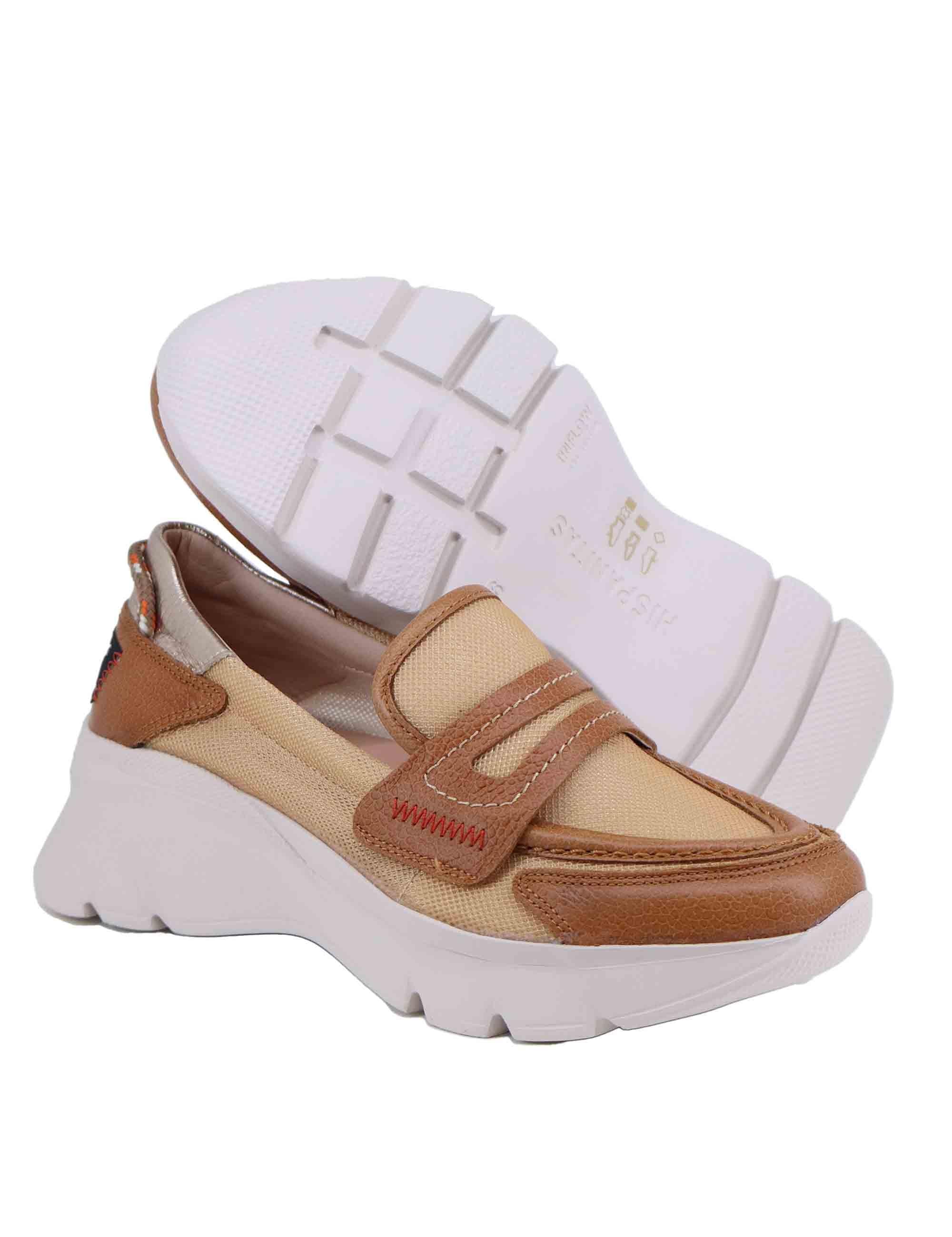 Mocassini donna in tessuto cuoio con zeppa in gomma HV254001 C005 Hispanitas 