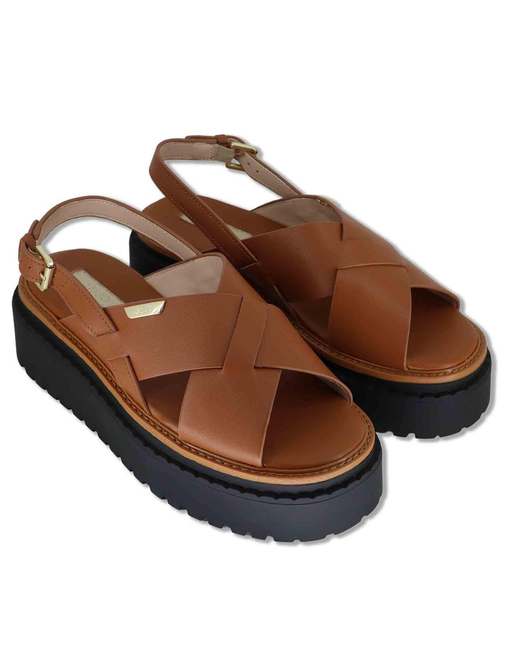 Sandali donna in pelle cuoio a doppio incorcio e zeppa in gomma BESSIE 02 SADDLE Liu-Jo 