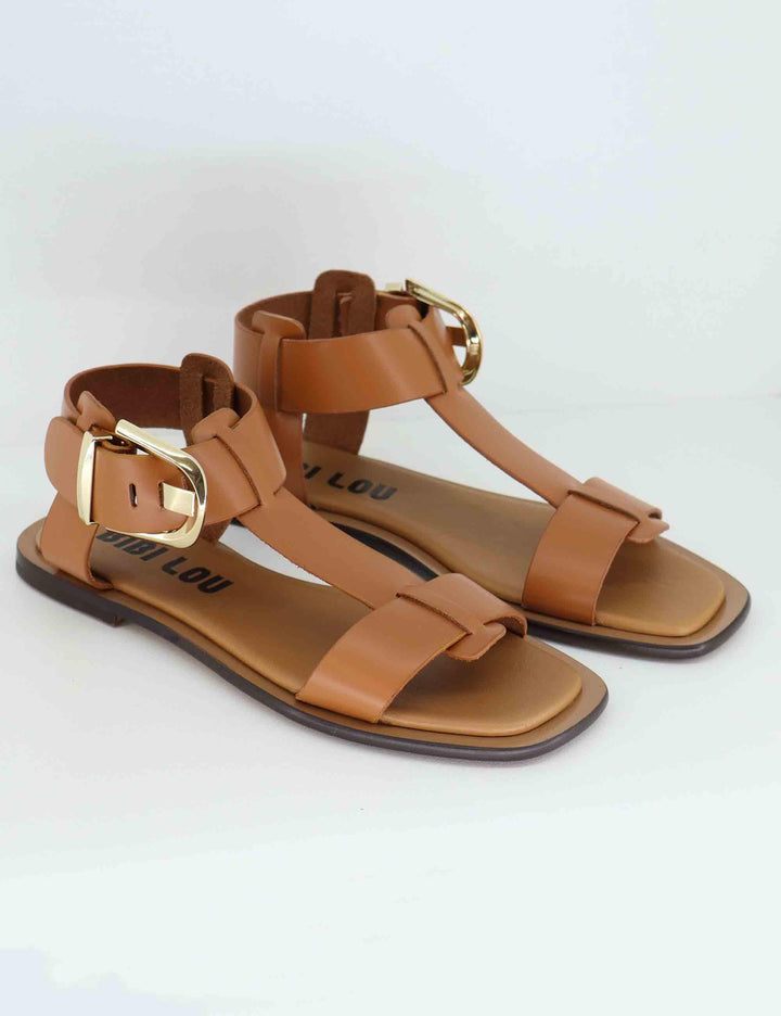 Sandali flat donna Sunny in pelle cuoio con fibbia oro 901Z10AA 014 Bibi Lou 