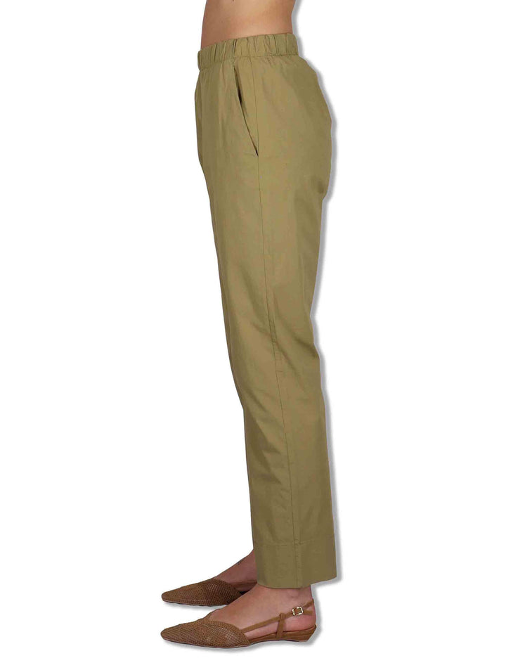 Pantaloni donna in cotone verde a gamba dritta con elastico in vita PINA OVO_KAKI TreBarraBi 