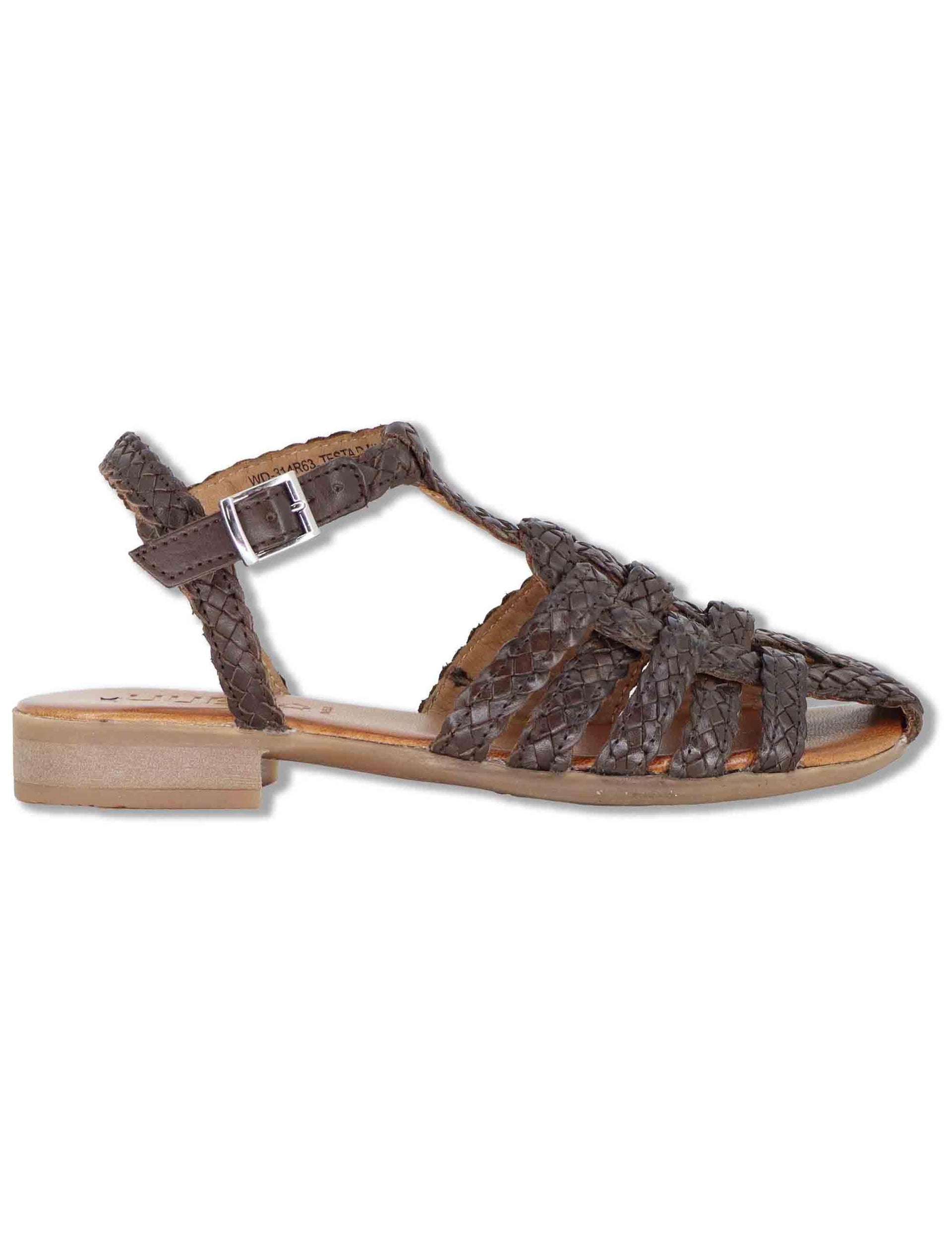 Sandali bassi donna in pelle intrecciata marrone con cinturino alla caviglia WD314R63 500011 Vueva 