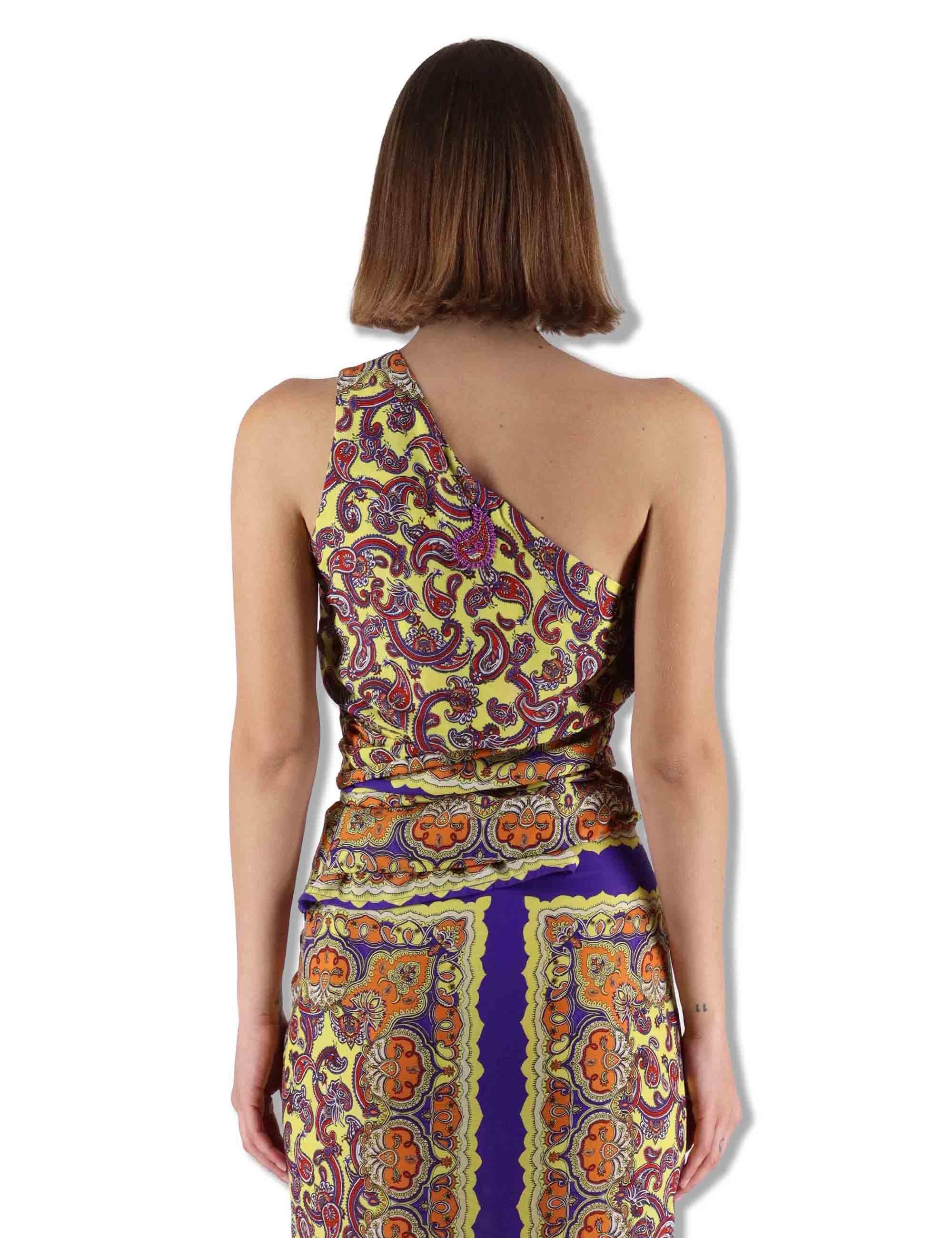 Top donna monospalla Sunset Paisley in viscosa stampata gialla con frange JP555550662 B7010 Maliparmi 