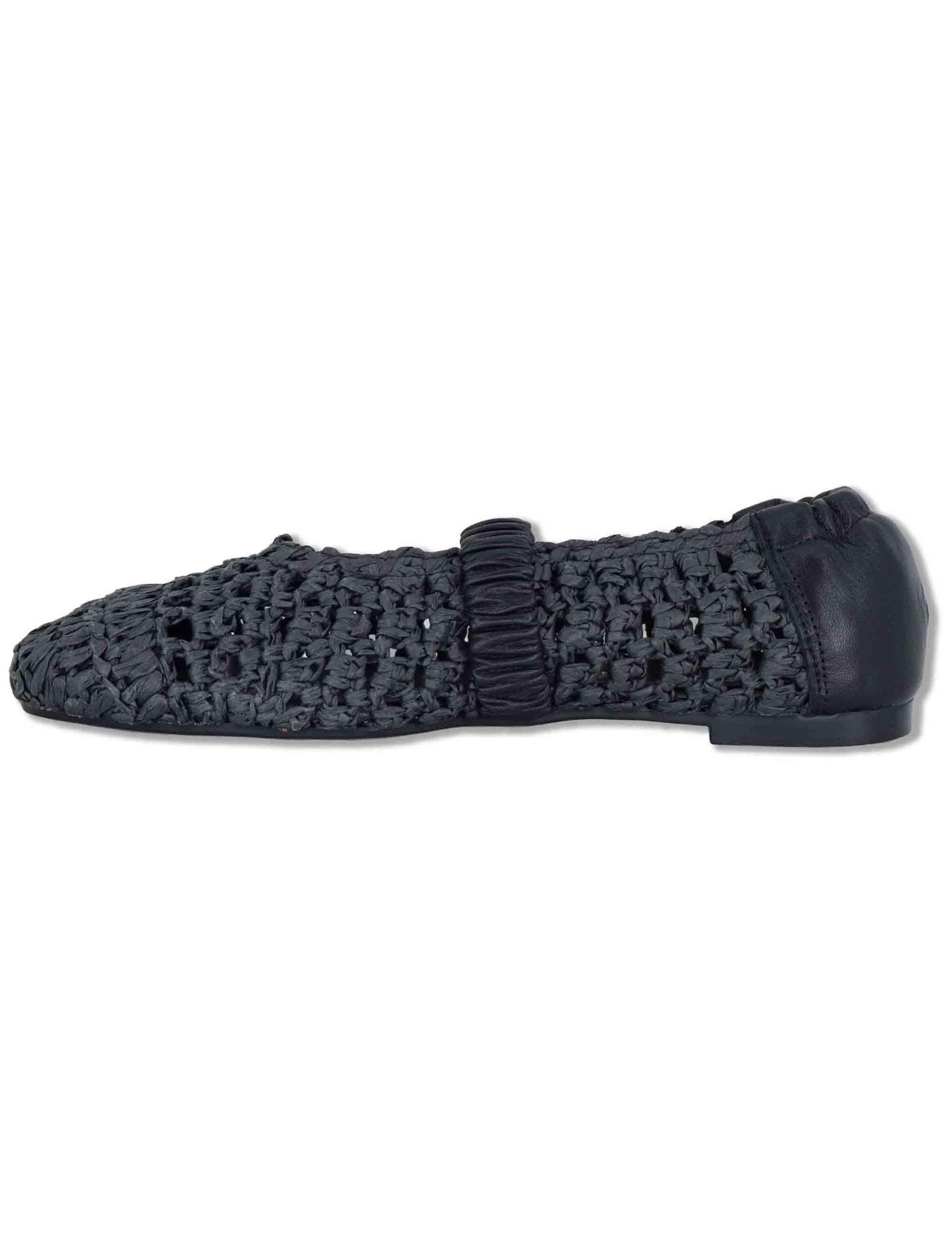 Ballerine donna in rafia nera intrecciata con elastico in pelle e tacco basso SP251400 001 Spatarella 