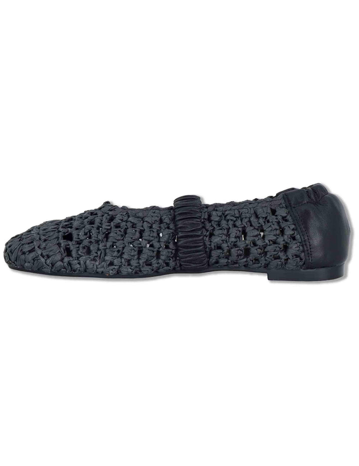 Ballerine donna in rafia nera intrecciata con elastico in pelle e tacco basso SP251400 001 Spatarella 