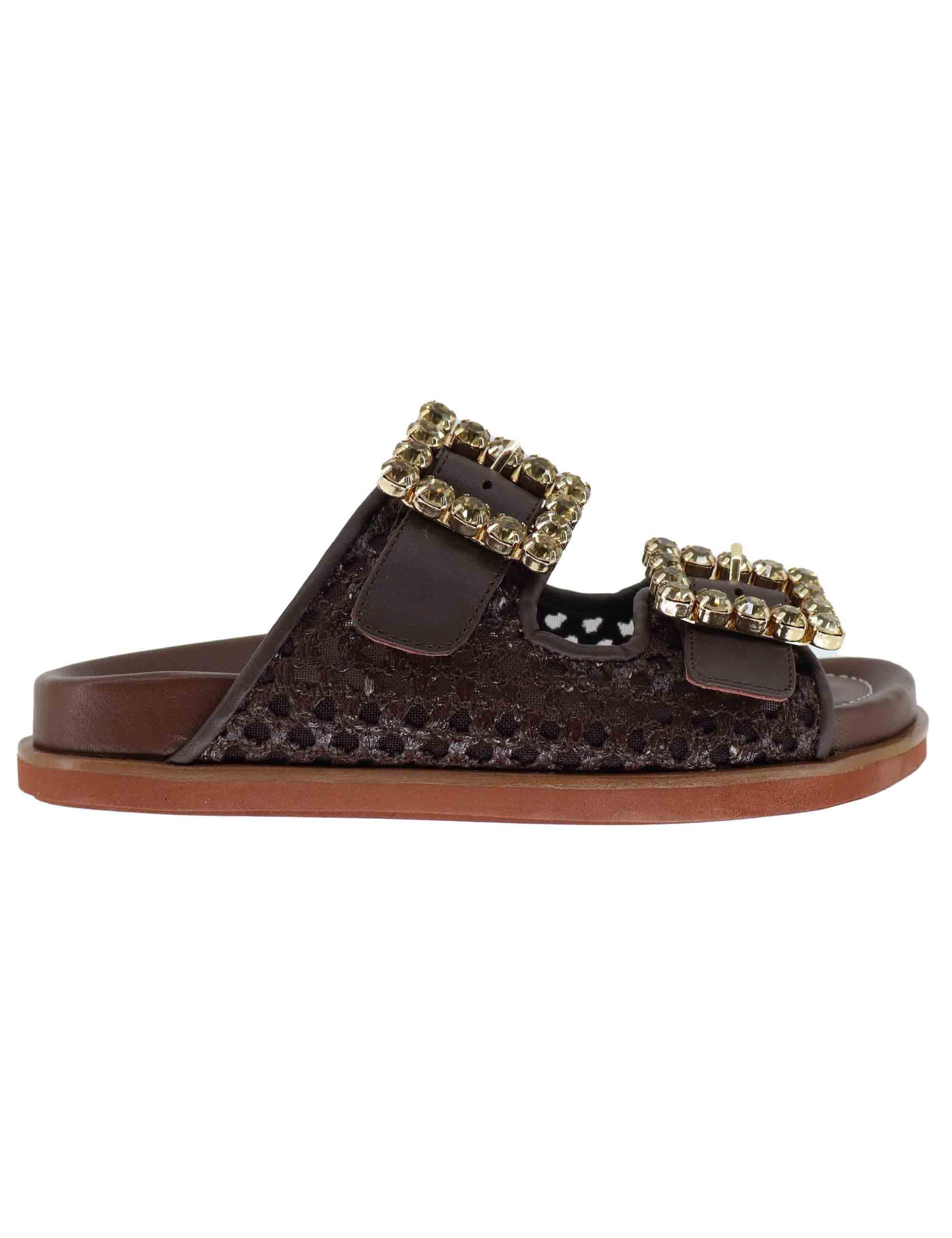 Sandali flat donna in pelle marrone con doppia fibbia PRIMULA06 014 Lorenzo Mari 