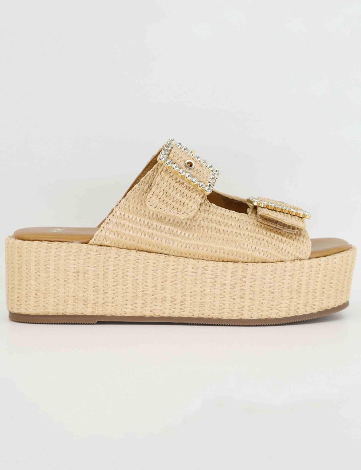 Sandali donna in rafia beige con zeppa e fibbe laterali U47002523284 3166-0 Exe 
