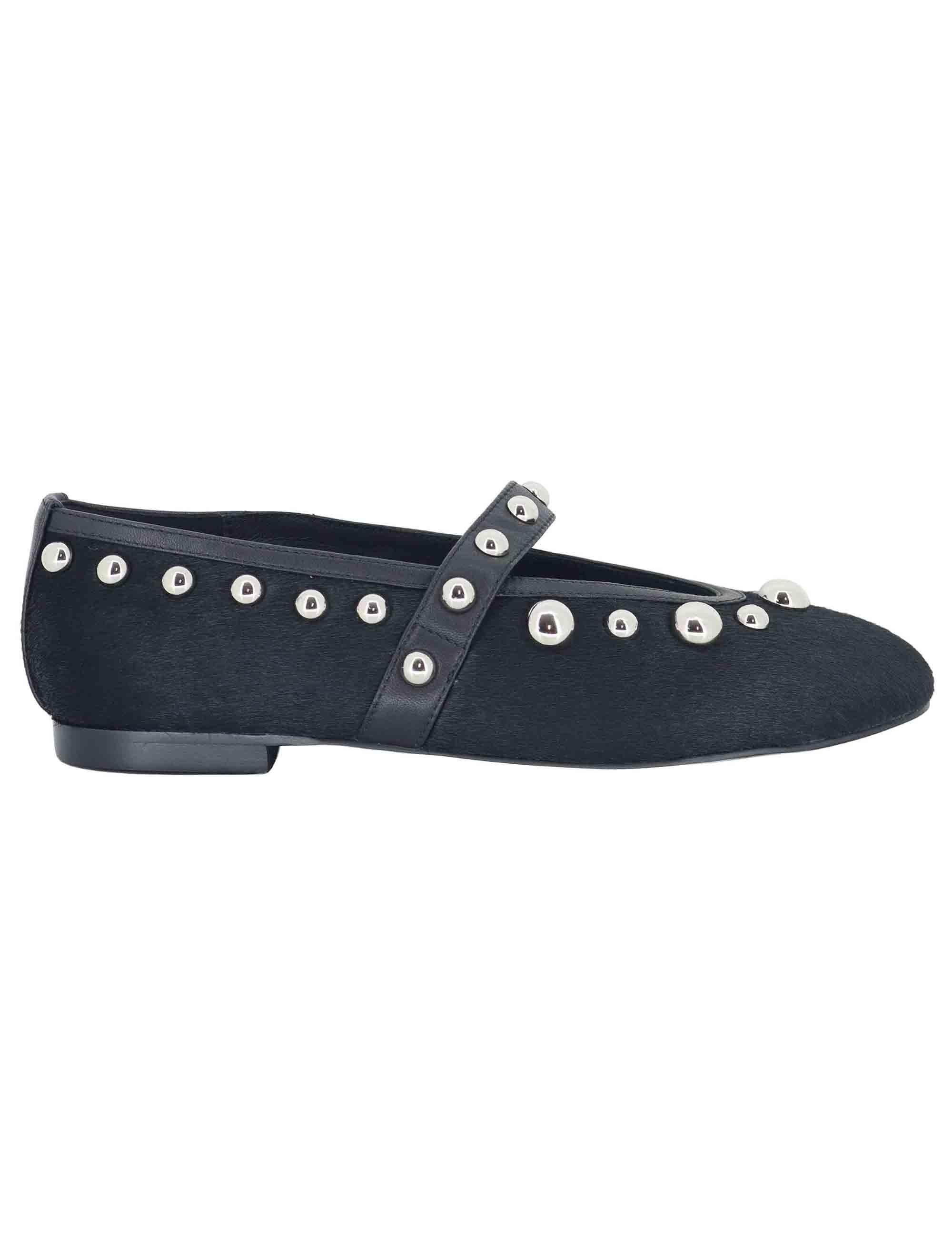 Ballerine donna in pelle nera con borchie e cinturino sul collo piede 717Z90VK 03 Bibi Lou 