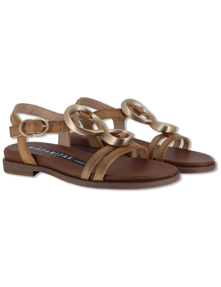 Sandali flat donna in pelle cuoio con cinturino e accessorio brunito HV264765 CUOIO Hispanitas 