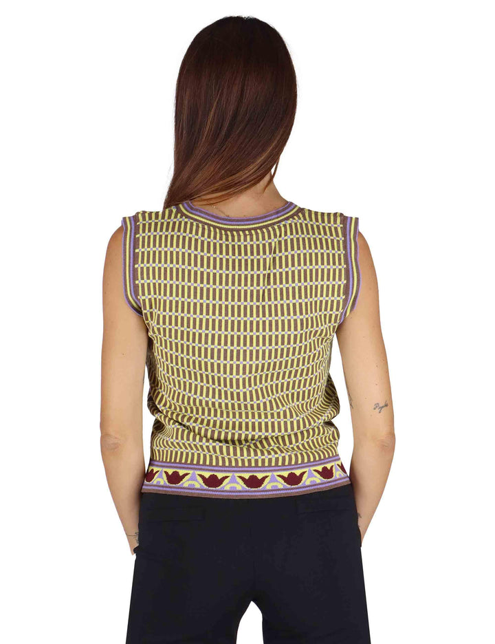 Gilet donna in tessuto naturale giallo a fantasia con scollo a V JABGI0025-G049 1220 Justmine 