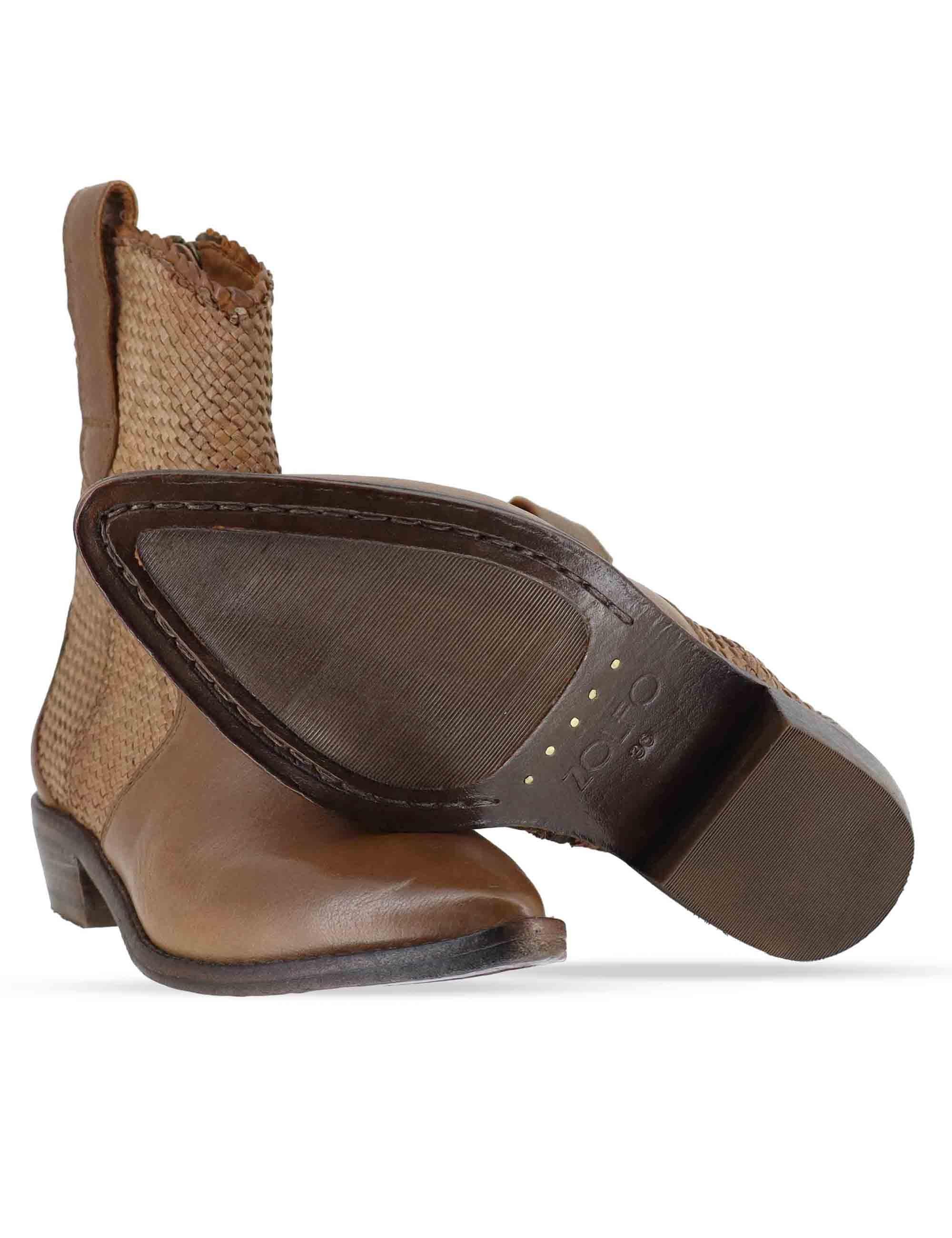 Stivaletti donna in pelle intrecciata cuoio con tacco basso 261-304-14 MOCHA Zolfo 