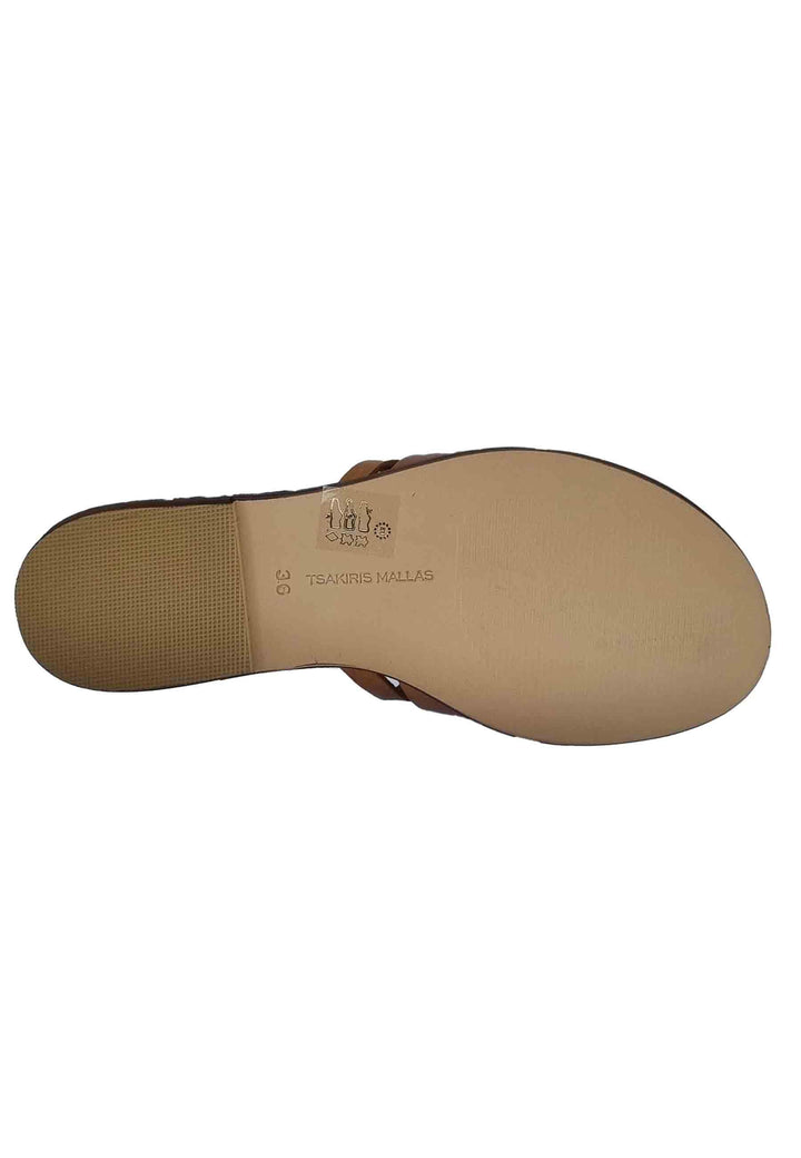 Sandali flat donna in pelle cuoio con catena oro 610 014 Tsakiris Mallas 