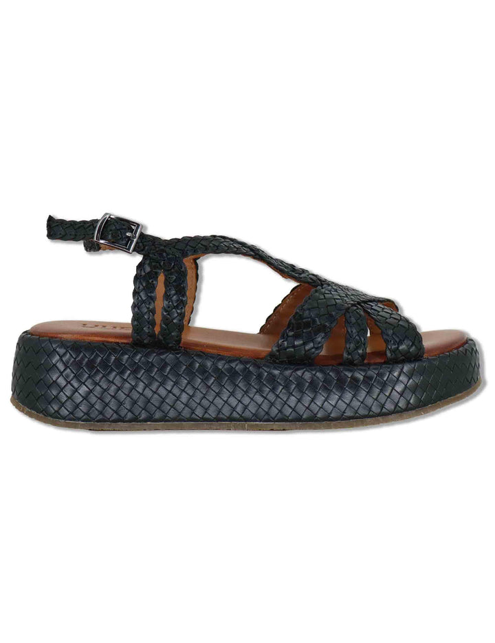 Sandali donna in pelle intrecciata nera con cinturino e zeppa media WD511R03 500007 Vueva 