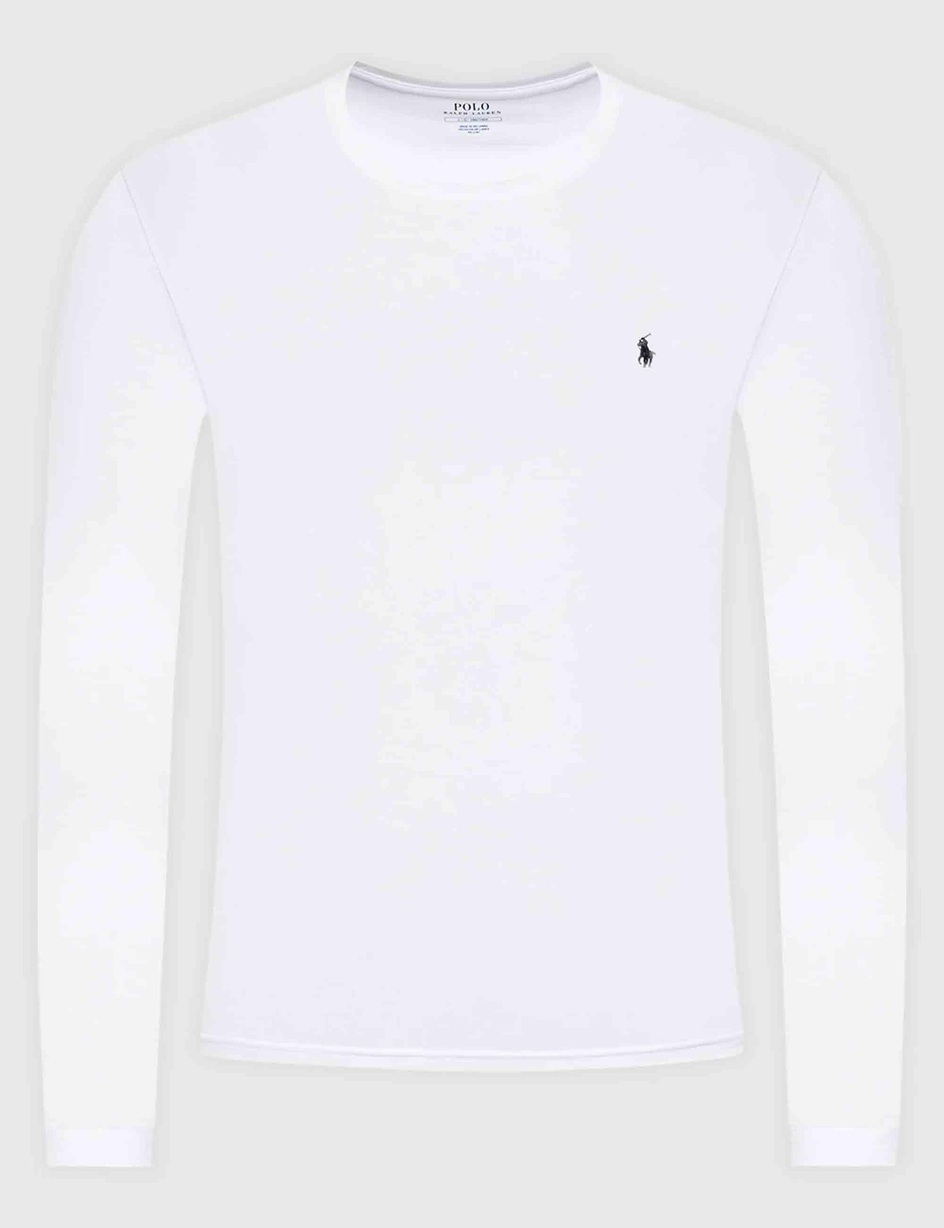 T-shirt uomo Crew in cotone bianco con logo ricamato e maniche lunghe 714844759004 WHITE Polo Ralph Lauren 