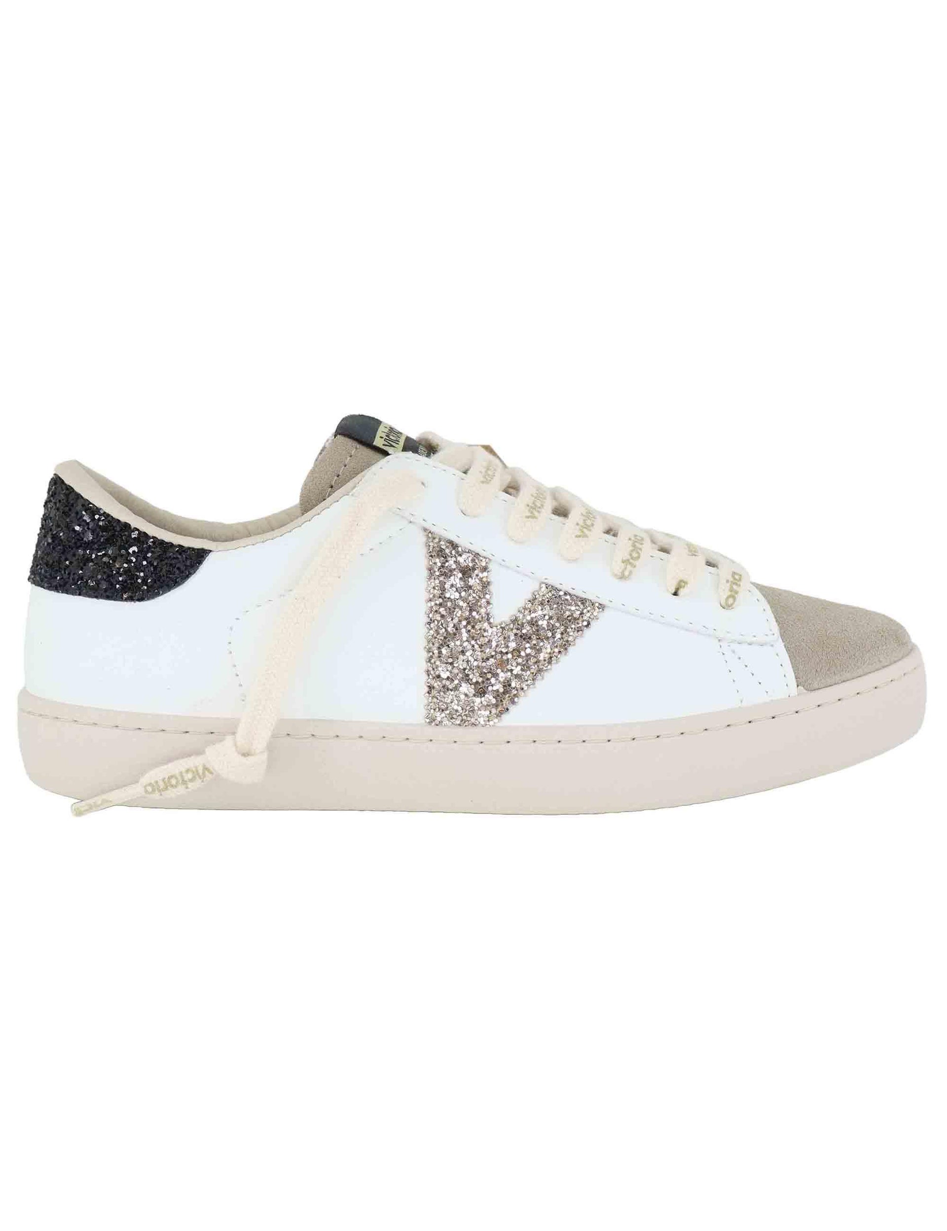 Sneakers donna in pelle bianca con logo in glitter 1126228 Negro Victoria 
