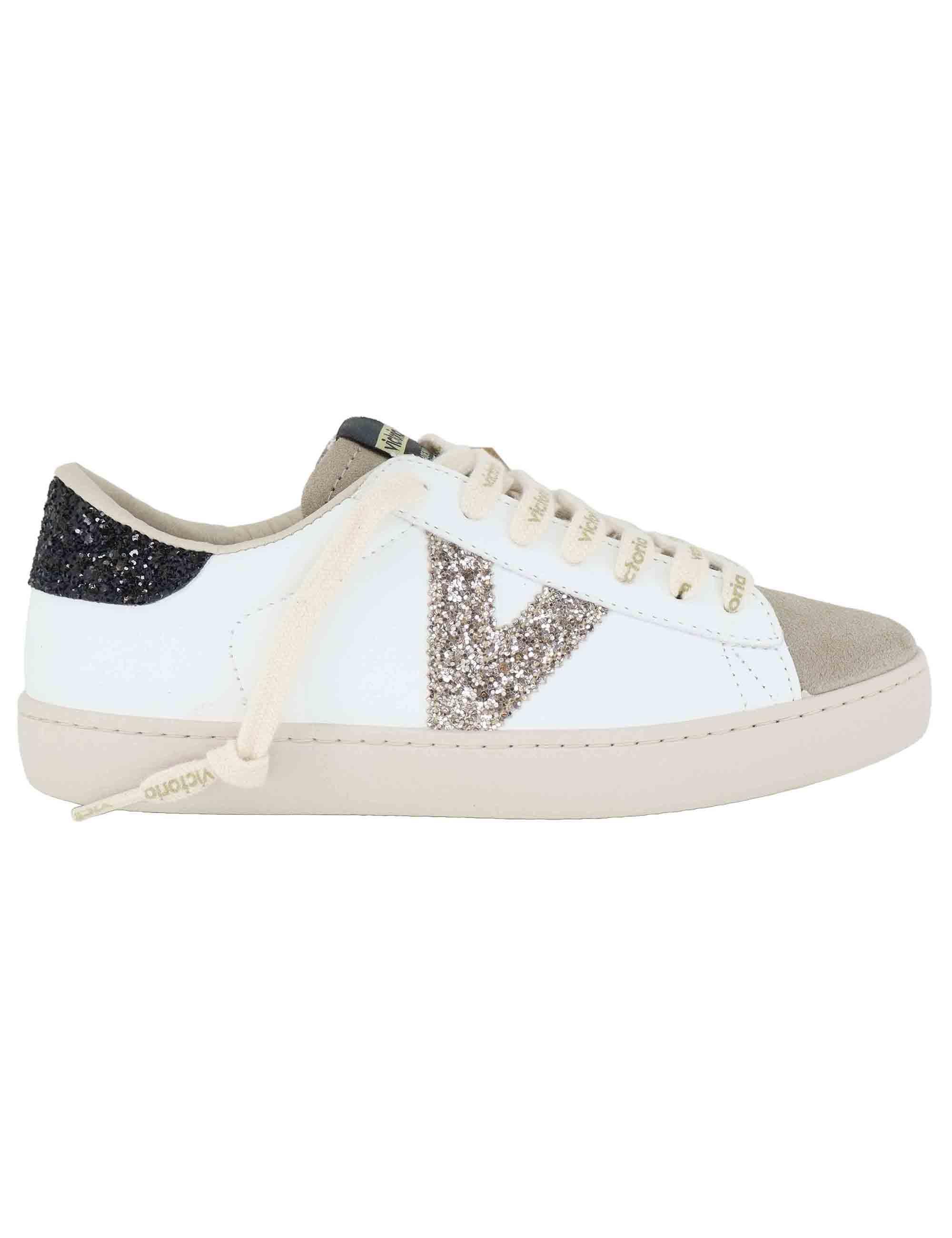 Sneakers donna in pelle bianca con logo in glitter 1126228 Negro Victoria 