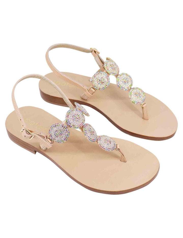 Sandali flat slingback donna in pelle naturale con gioiello e suola in cuoio SPS1056 014 Spatarella 