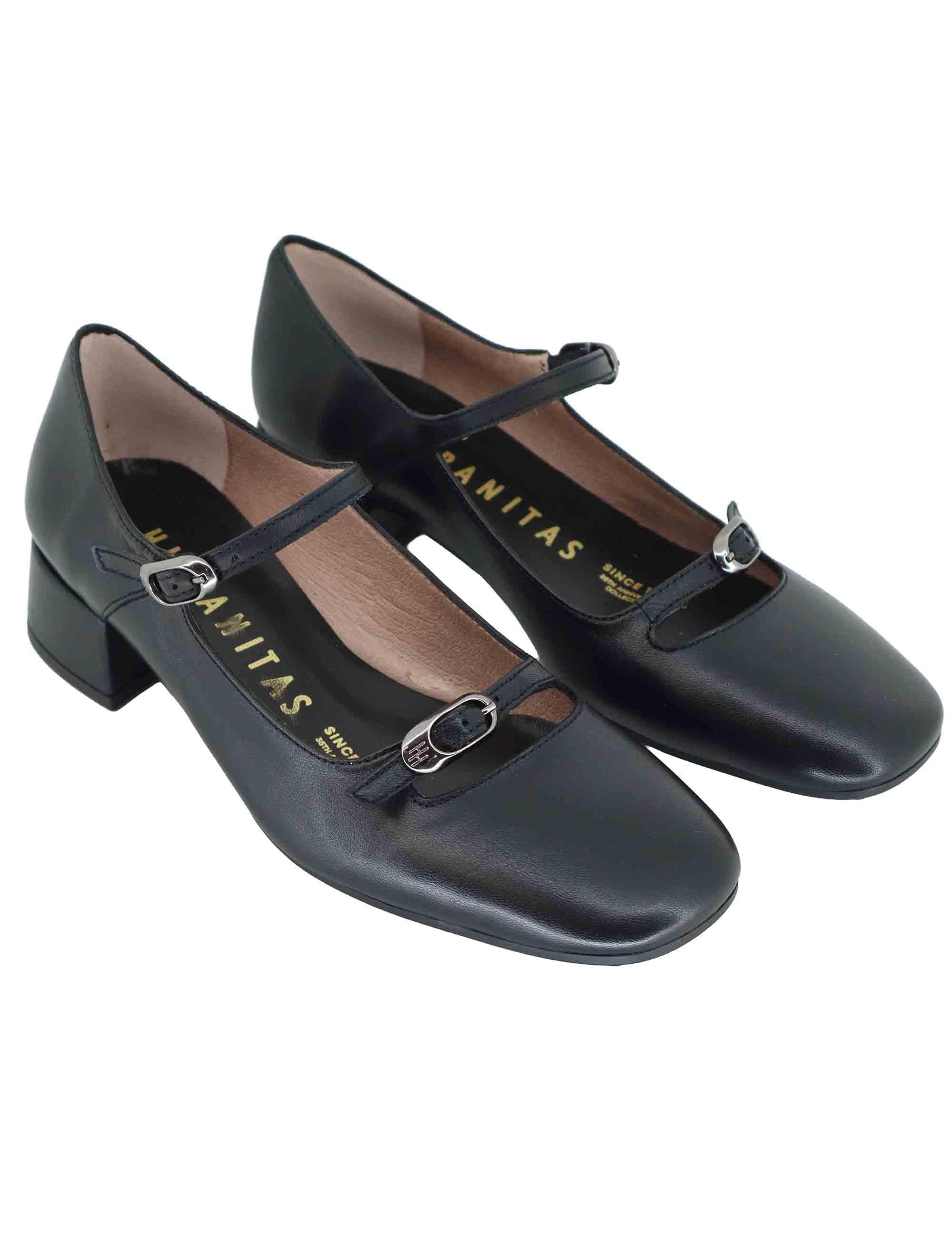 Decollete donna in pelle nera con doppi cinturini e tacco basso HI254207 C008 Hispanitas 