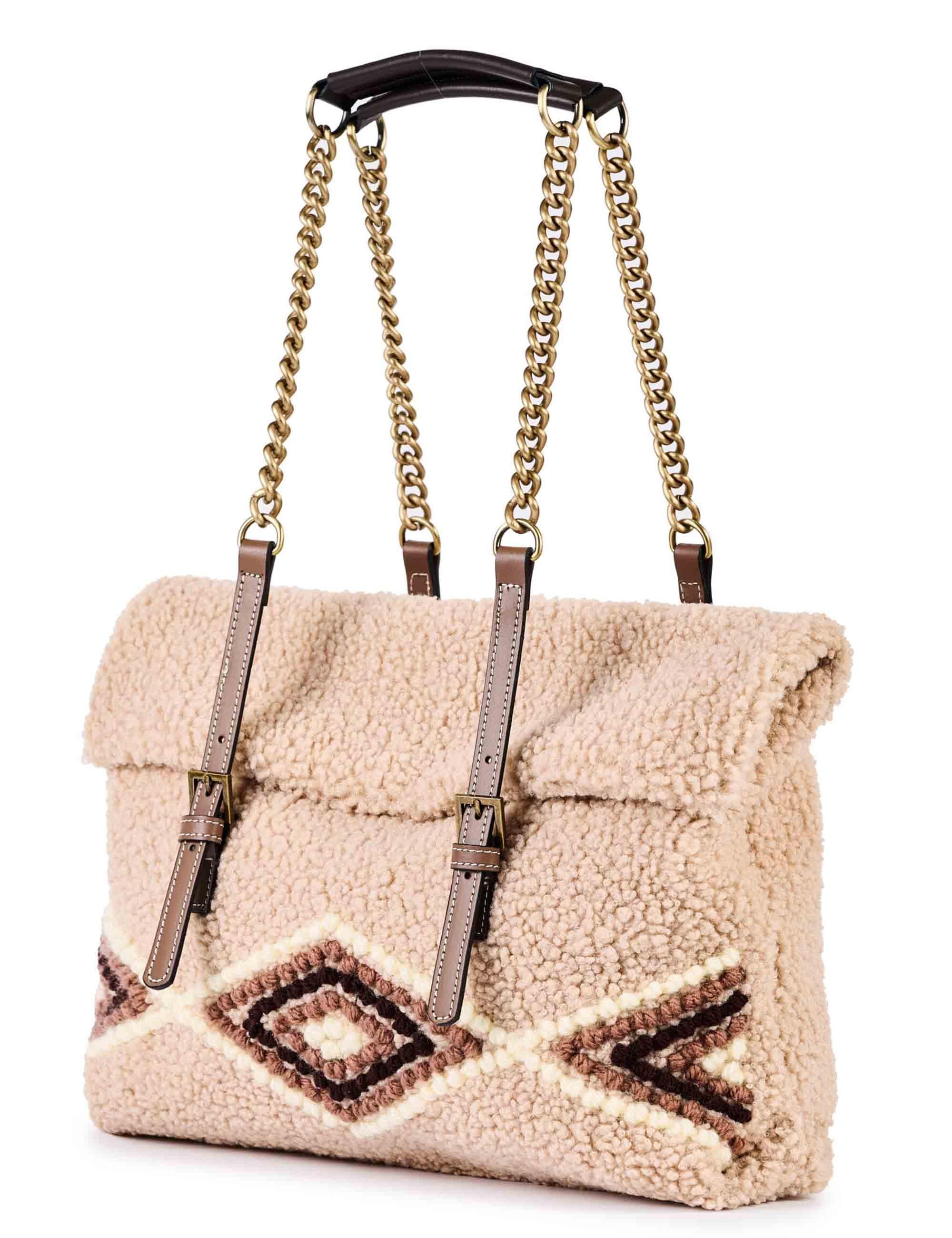 Borse donna in eco fur beige con doppi manici a catena AMANDA U02 Via Mail Bag 