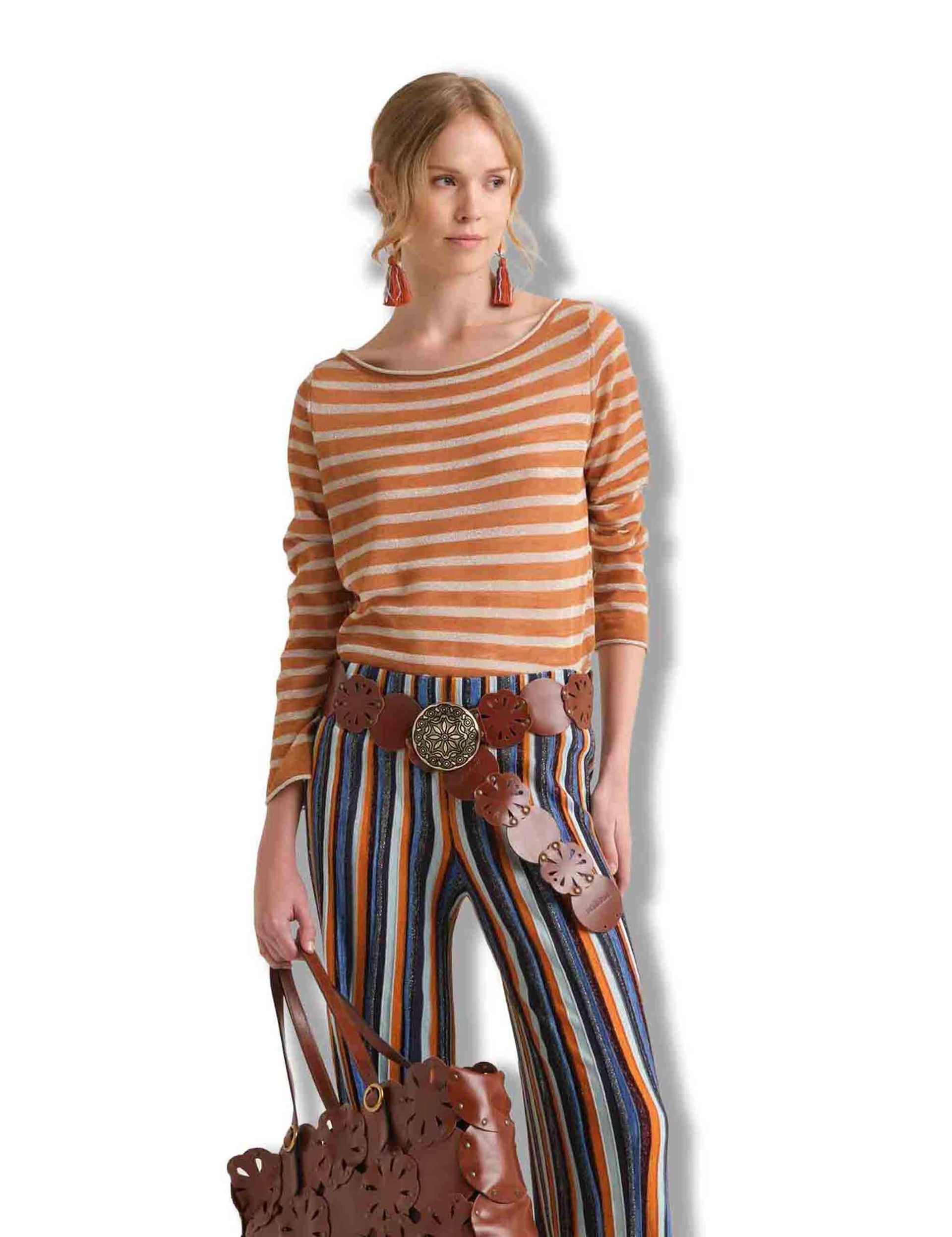 Maglie donna Summer Linen in misto lino cammello e beige a strisce JQ509178148 12B11 Maliparmi 