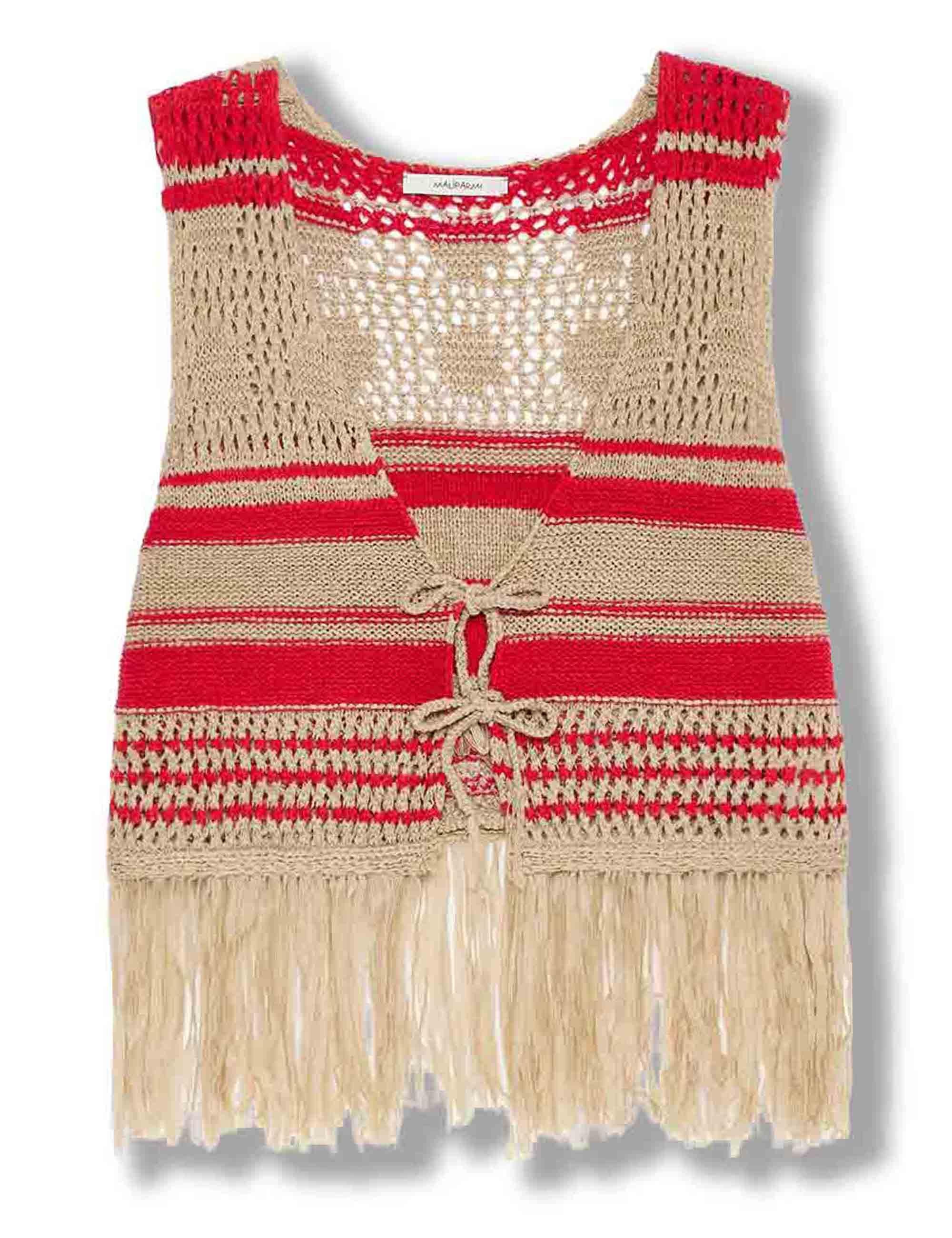 Gilet corto donna Knit Tape in tessuto rigato naturale e rosso con frange JE113078214 11B30 Maliparmi 