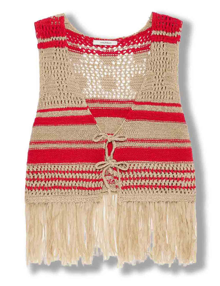 Gilet corto donna Knit Tape in tessuto rigato naturale e rosso con frange JE113078214 11B30 Maliparmi 