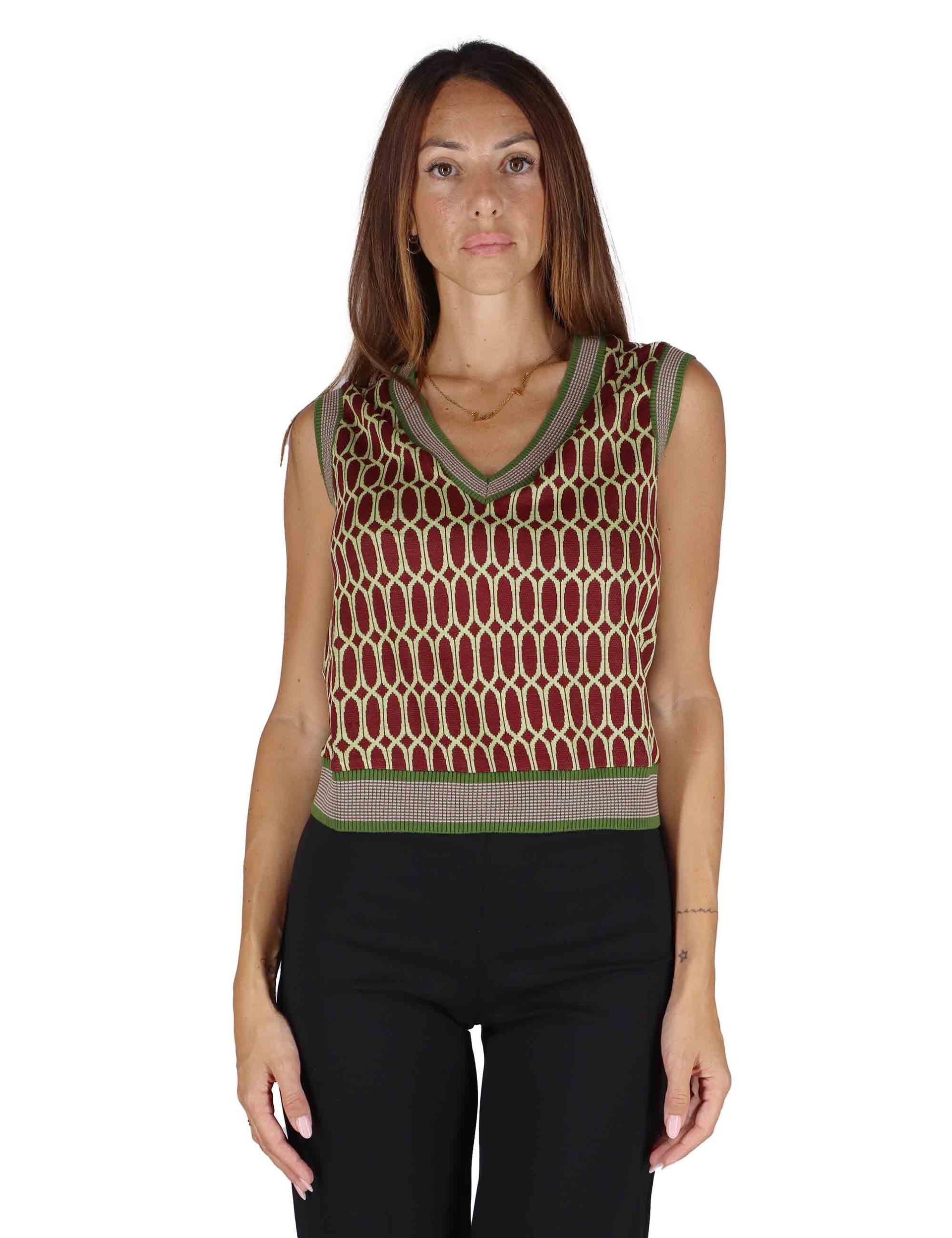 Gilet donna in tessuto naturale bordeaux a fantasia con scollo a V JABGI0025-F1161 4280 Justmine 