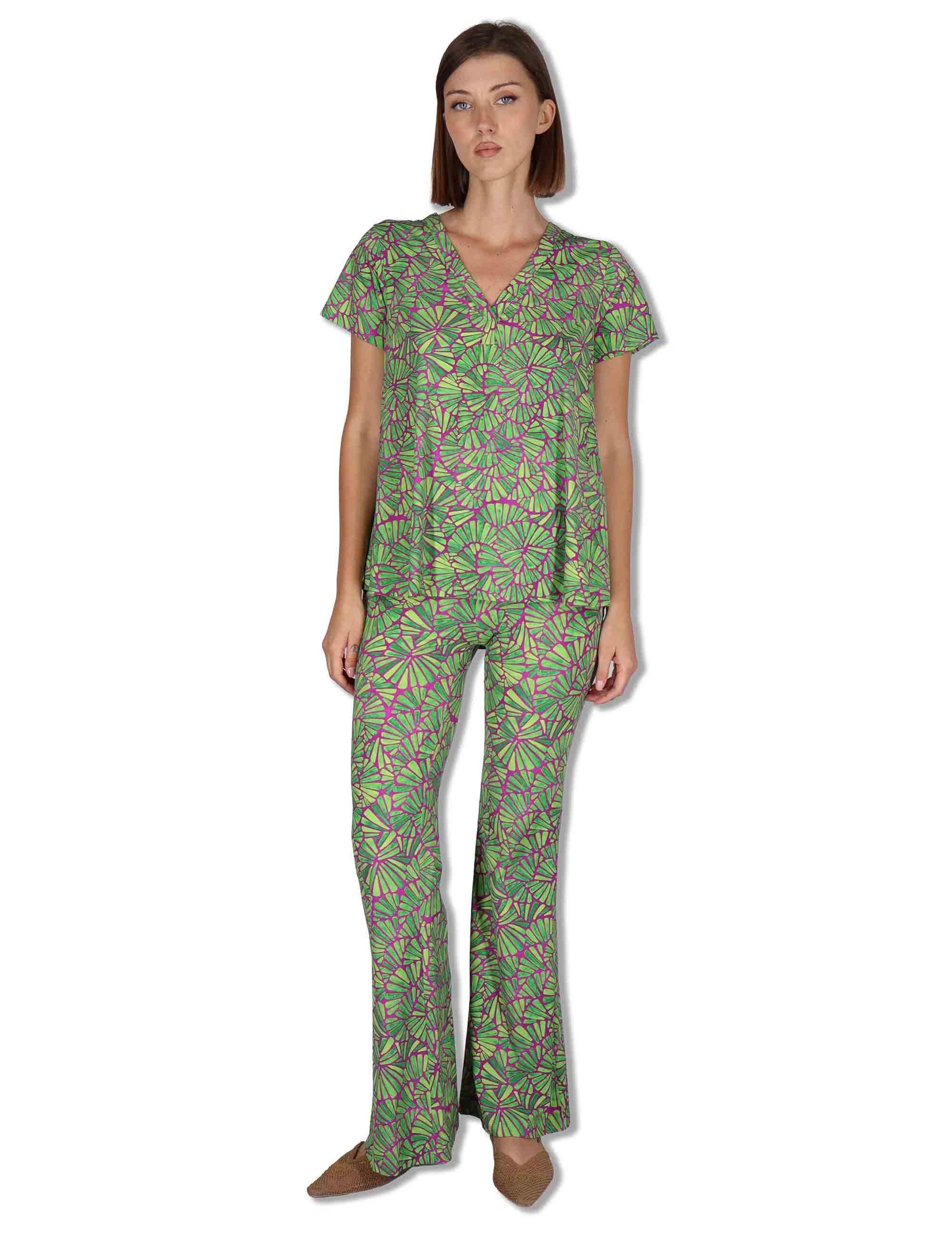 T-Shirt donna Shell in tessuto stampato viola e verde con scollo a V JK027970672 A5032 Maliparmi 