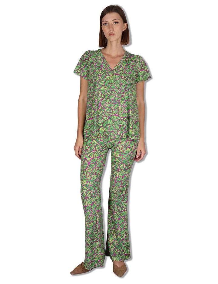 T-Shirt donna Shell in tessuto stampato viola e verde con scollo a V JK027970672 A5032 Maliparmi 