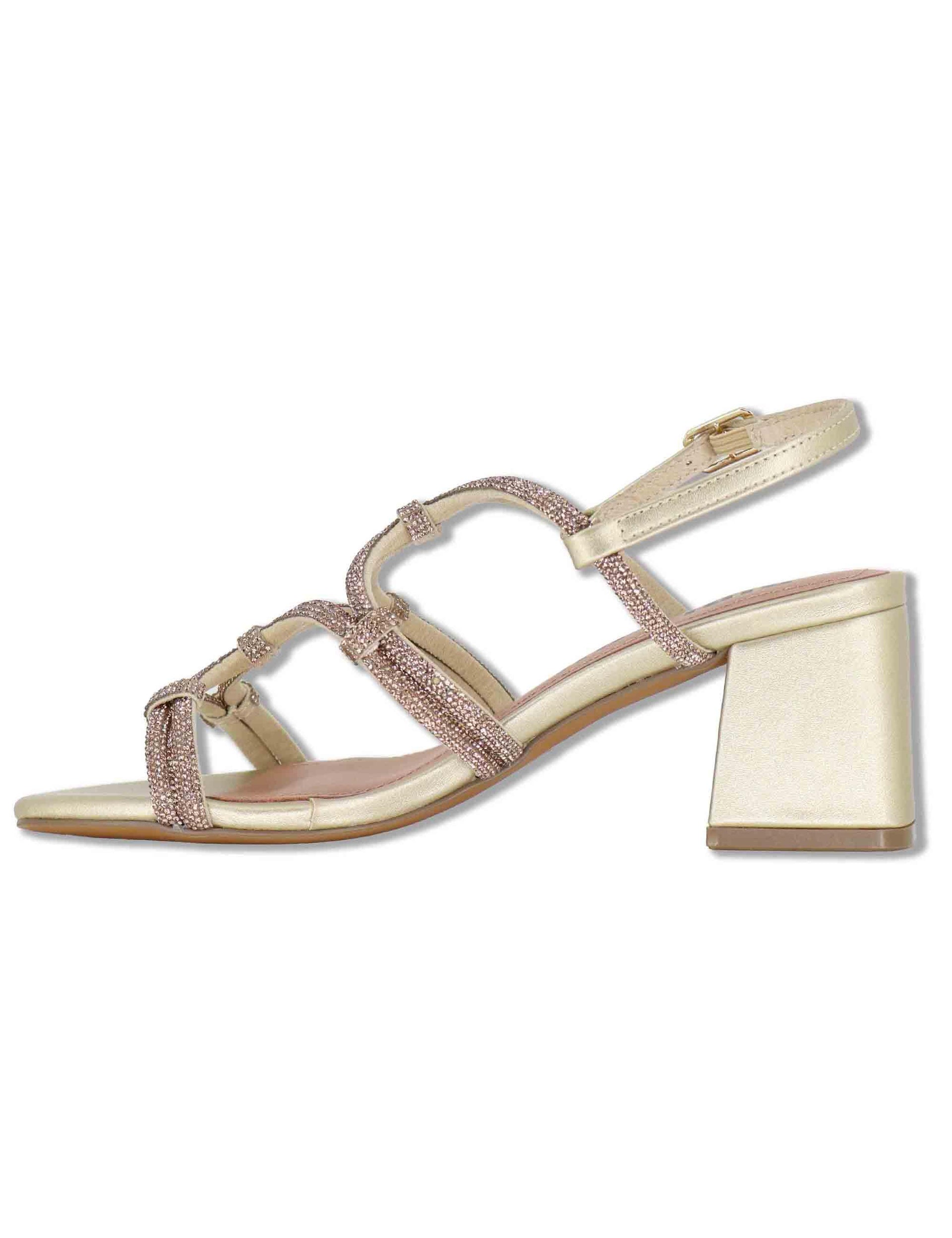 Sandali donna in pelle oro con strass e tacco medio Quail 958Z00HG 04-ORO Bibi Lou 