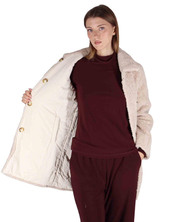Cappotti teddy reversibili donna in eco beige con bottoni SP25271 CREAM Spatarella 