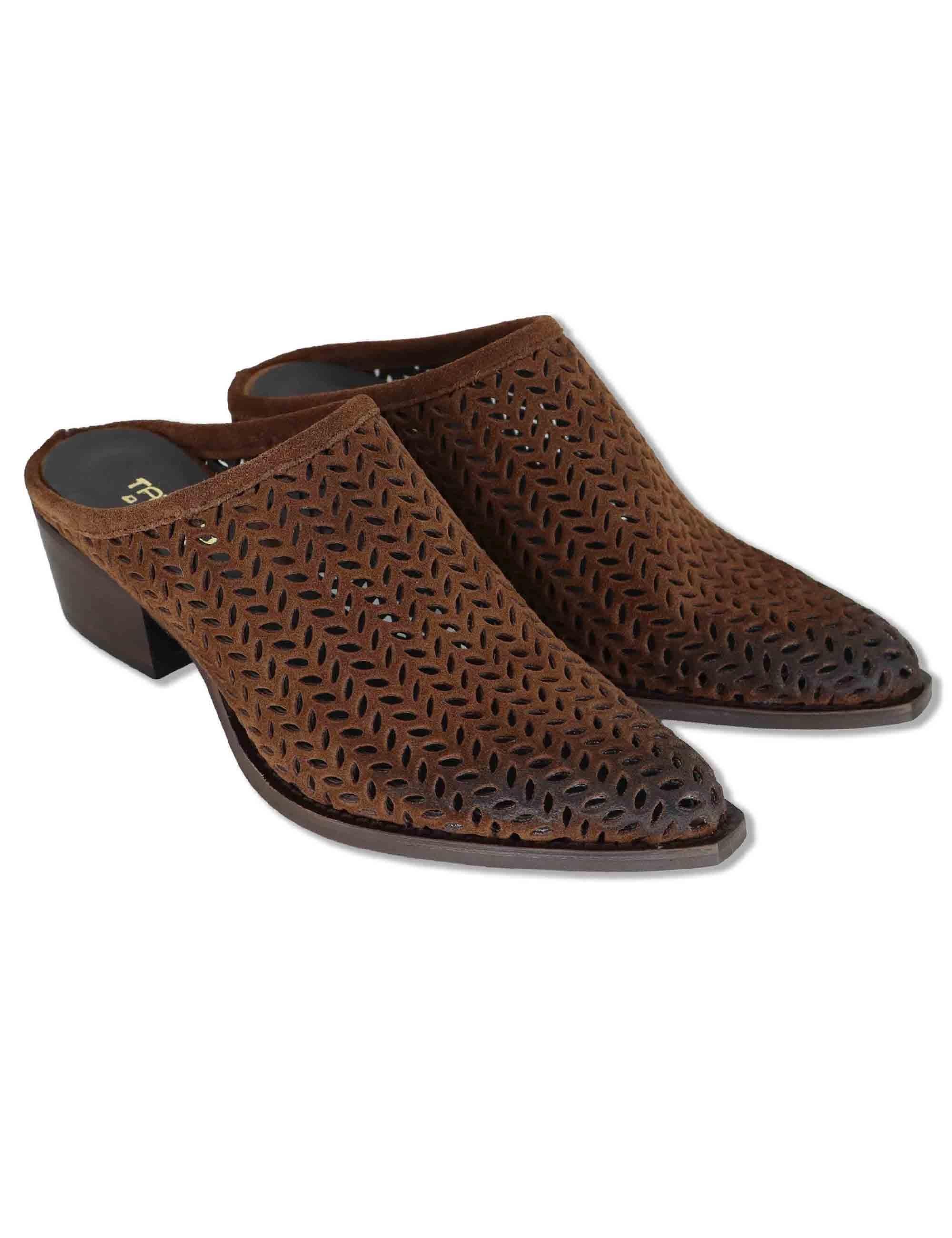 Sabot texani donna in camoscio forato vintage marrone con tacco cuoio GOLD103 016 Tattoo 