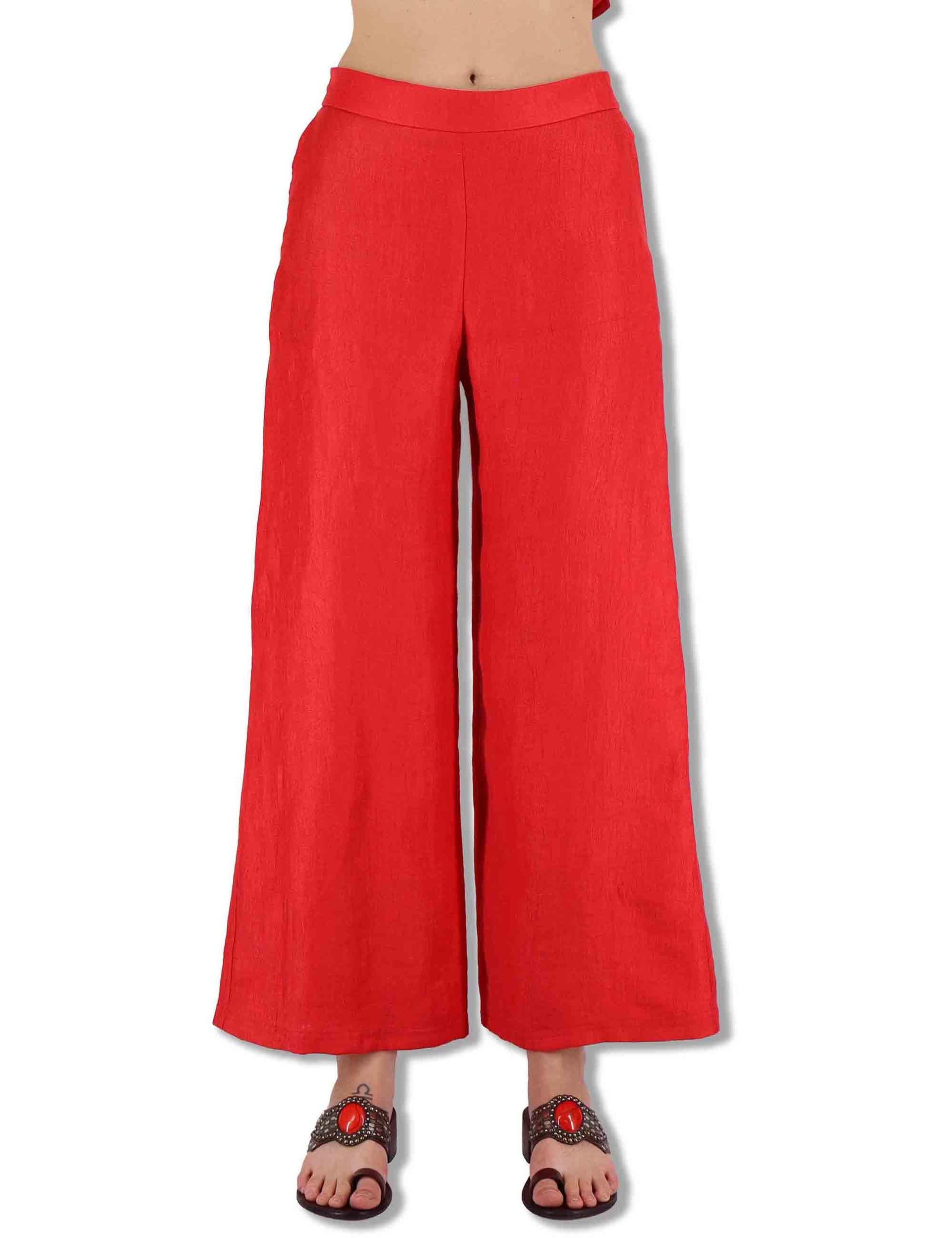 Pantaloni donna Jacquard in lino monocolore corallo con tasche laterali JH805340102 31013 Maliparmi 