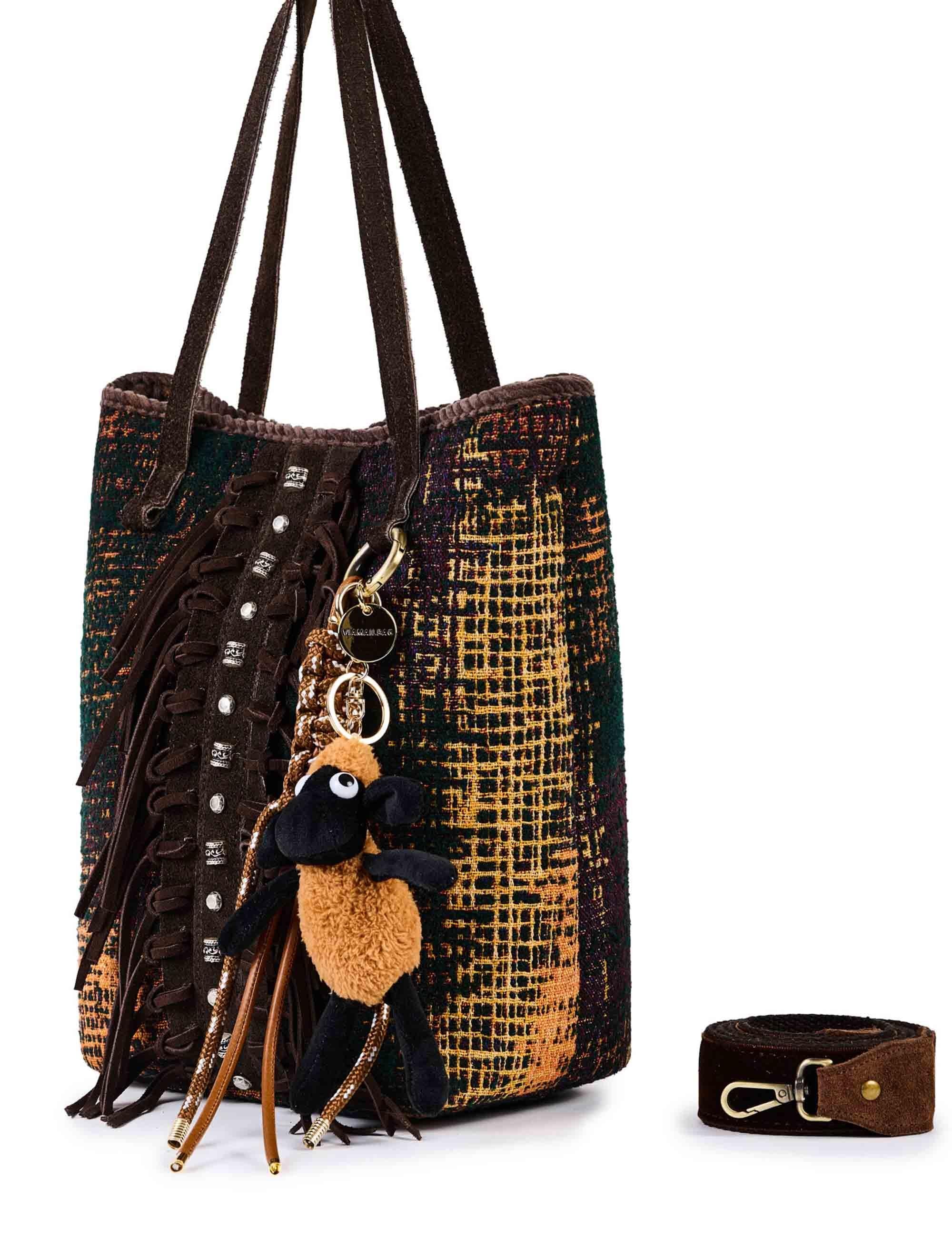 Borse donna in ciniglia jacquard marrone con doppi manici e tracolla NALI Z01 Via Mail Bag 