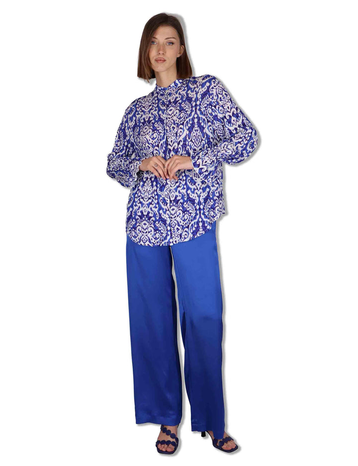 Pantaloni donna Shiny Cady in viscosa blu con gamba larga JH807550631 80059 Maliparmi 