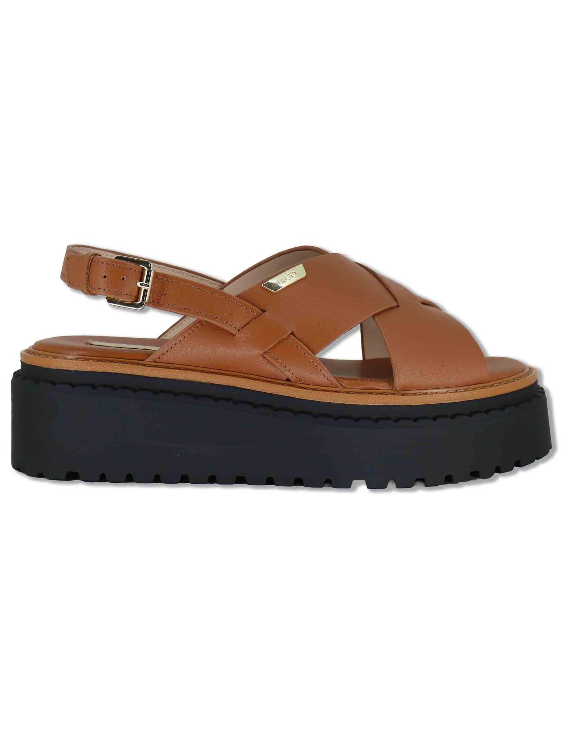 Sandali donna in pelle cuoio a doppio incorcio e zeppa in gomma BESSIE 02 SADDLE Liu-Jo 